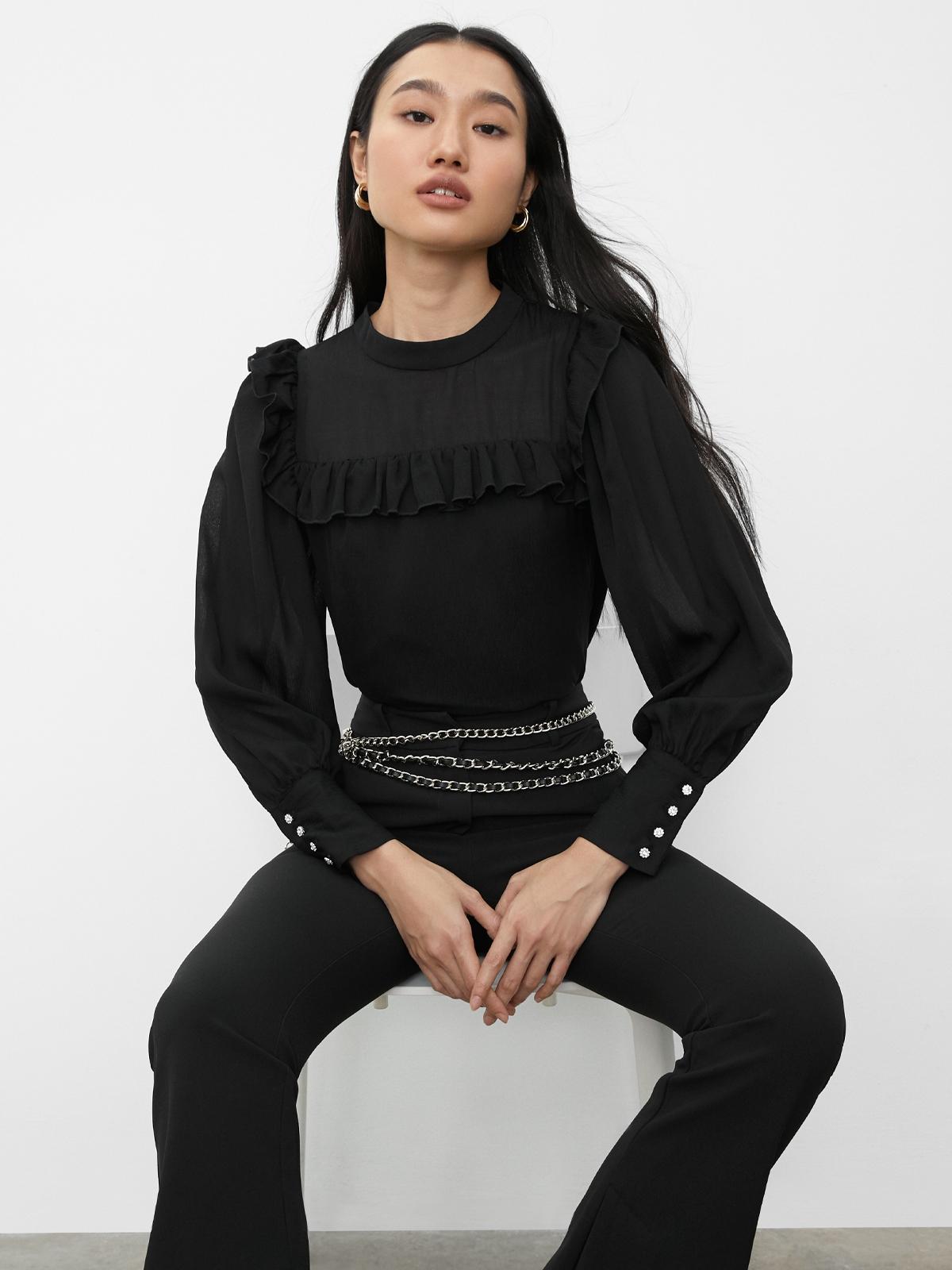 Puffed Sleeve High Neck Blouse - Black