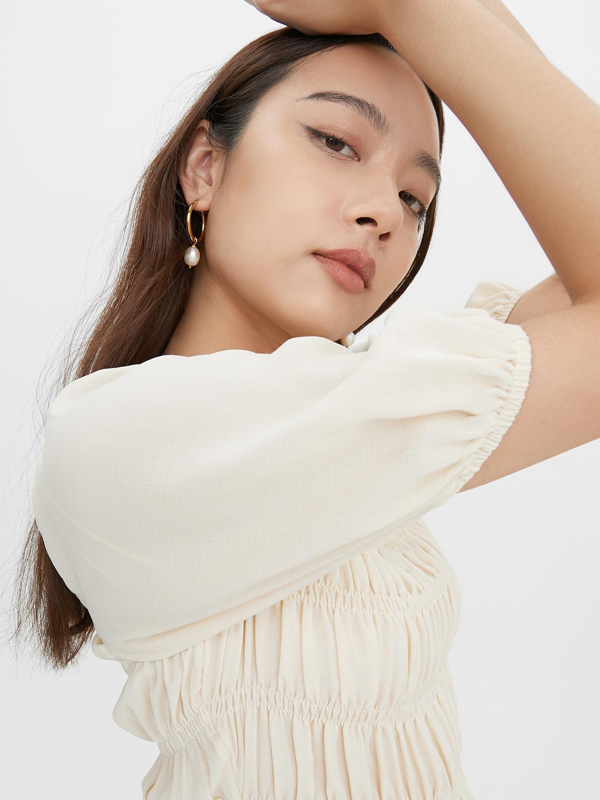 Sustainable Puff Sleeve Smocked Top - Beige