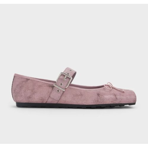  Myler Crinkle-Effect Bow Square-Toe Buckled Mary Janes - Pink 