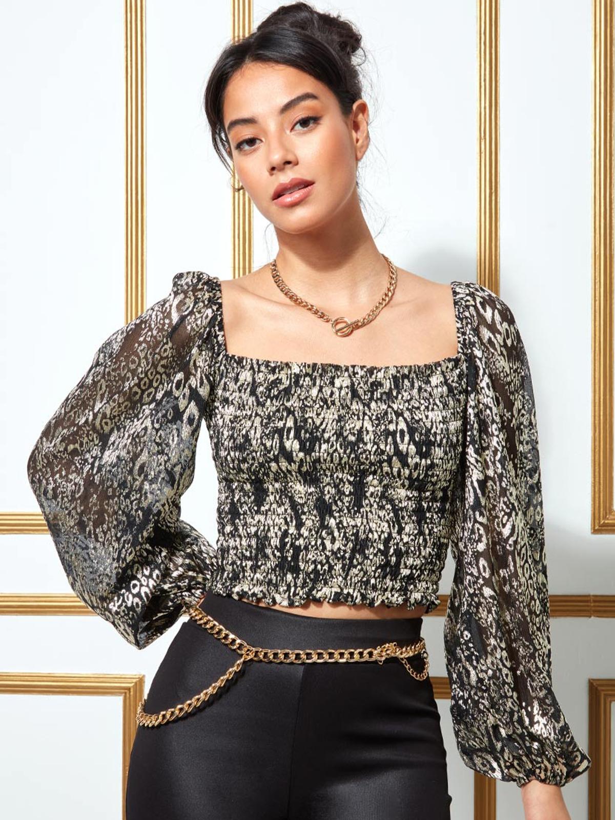 Shirred Foil Print Crop Top with Long Sleeves - Black