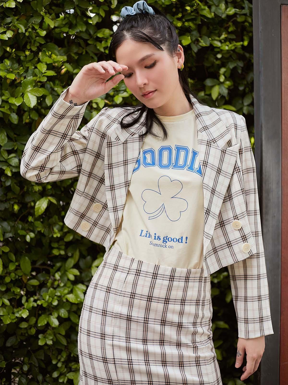 Plaid Cropped Blazer - Beige