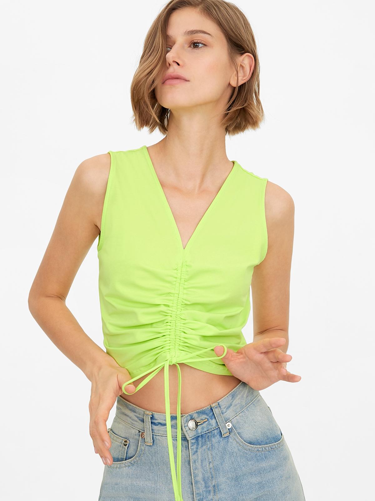 Sleeveless Knit Drawstring Crop Top - Green
