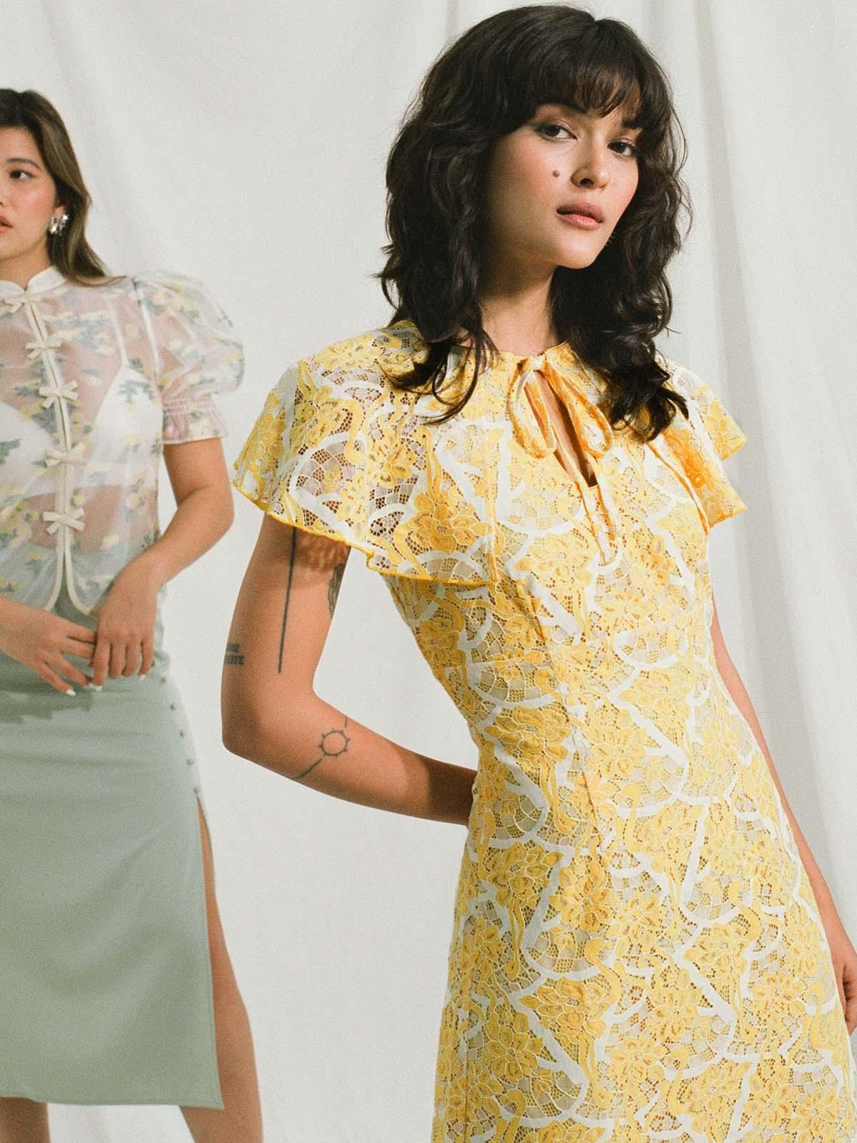 Tie Neck Cap Sleeve Midi Dress - Yellow