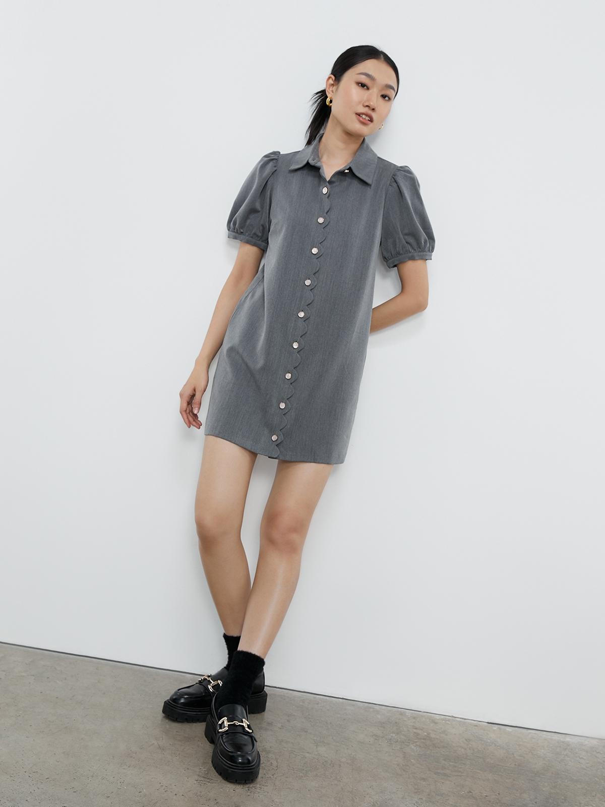 Puffed Sleeves Button Up Dress - Grey