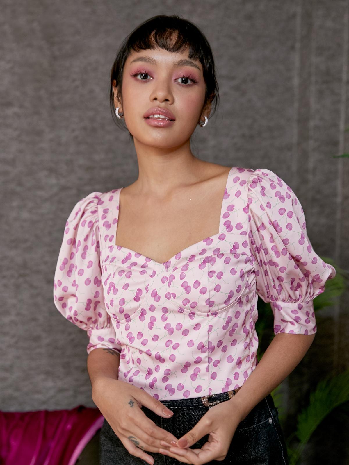Puffed Sleeves Cherry Print Blouse - Pink