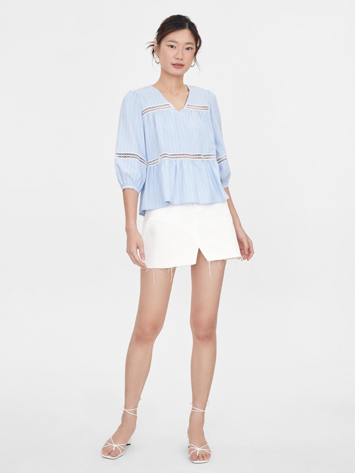 Striped V Neck Ruffle Top - Blue