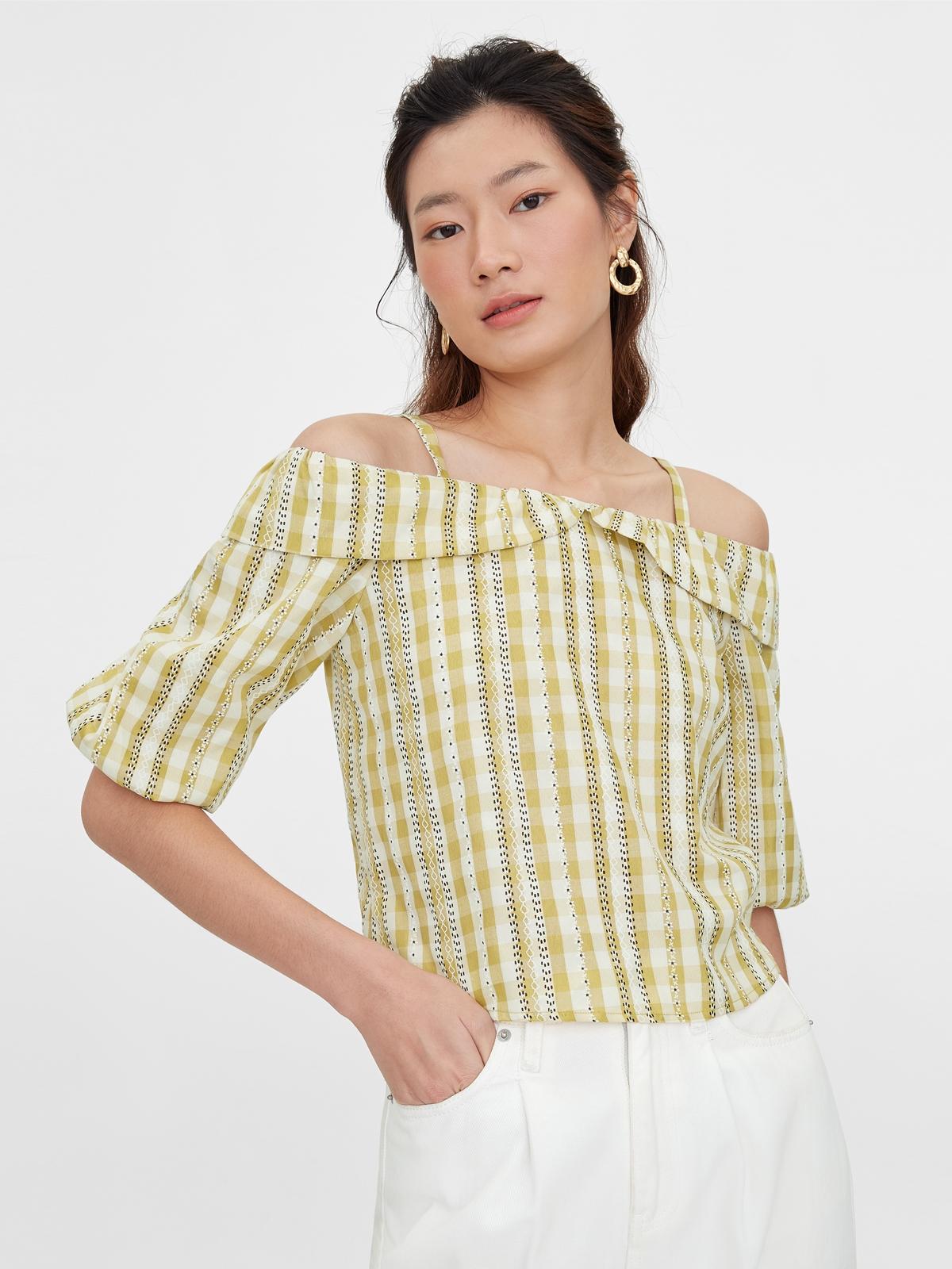 Embroidered Gingham Cold Shoulder Top - Yellow