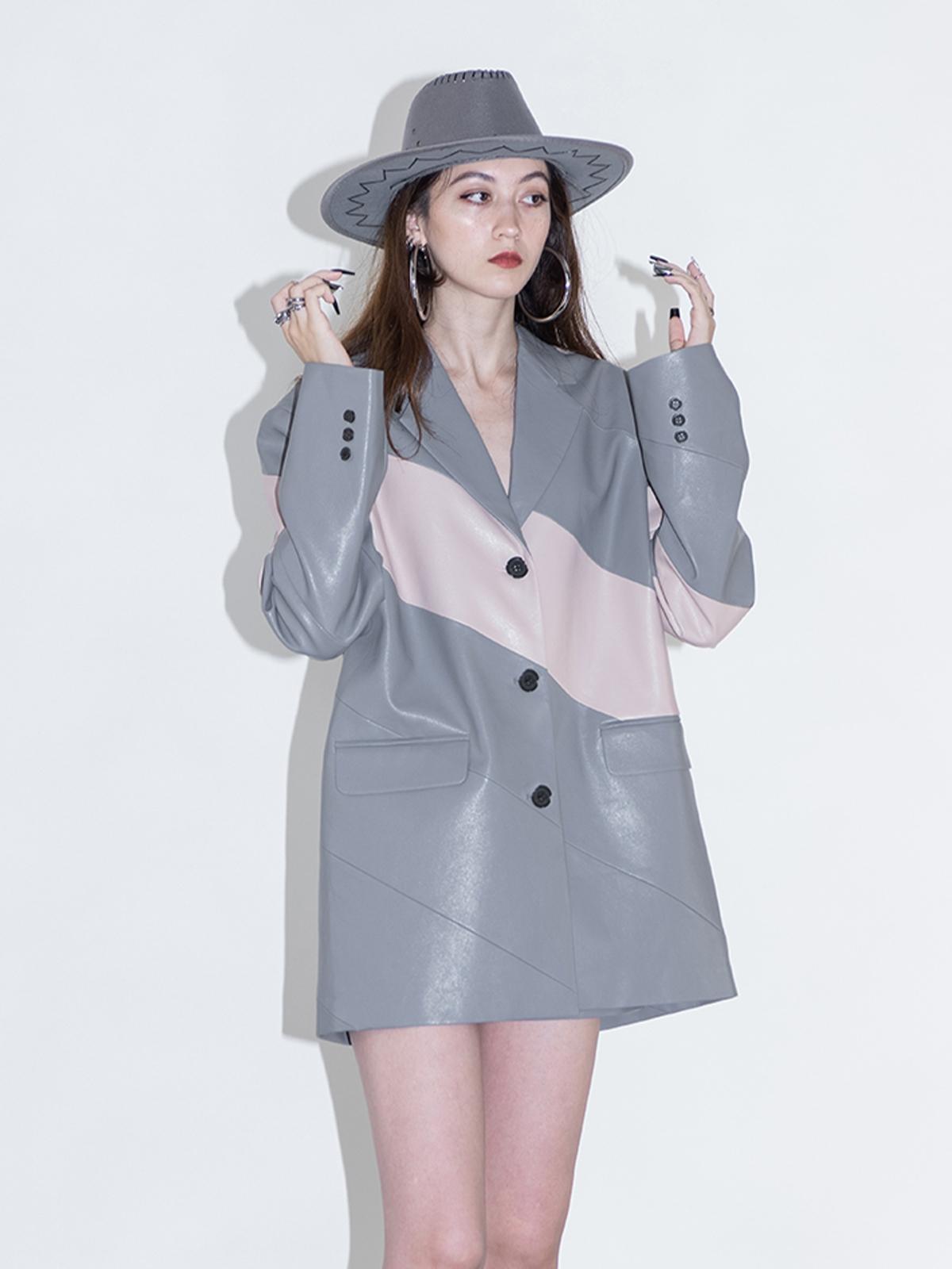 Contrasting Color Leather Blazer - Grey Contrasting Color Leather Blazer - Grey