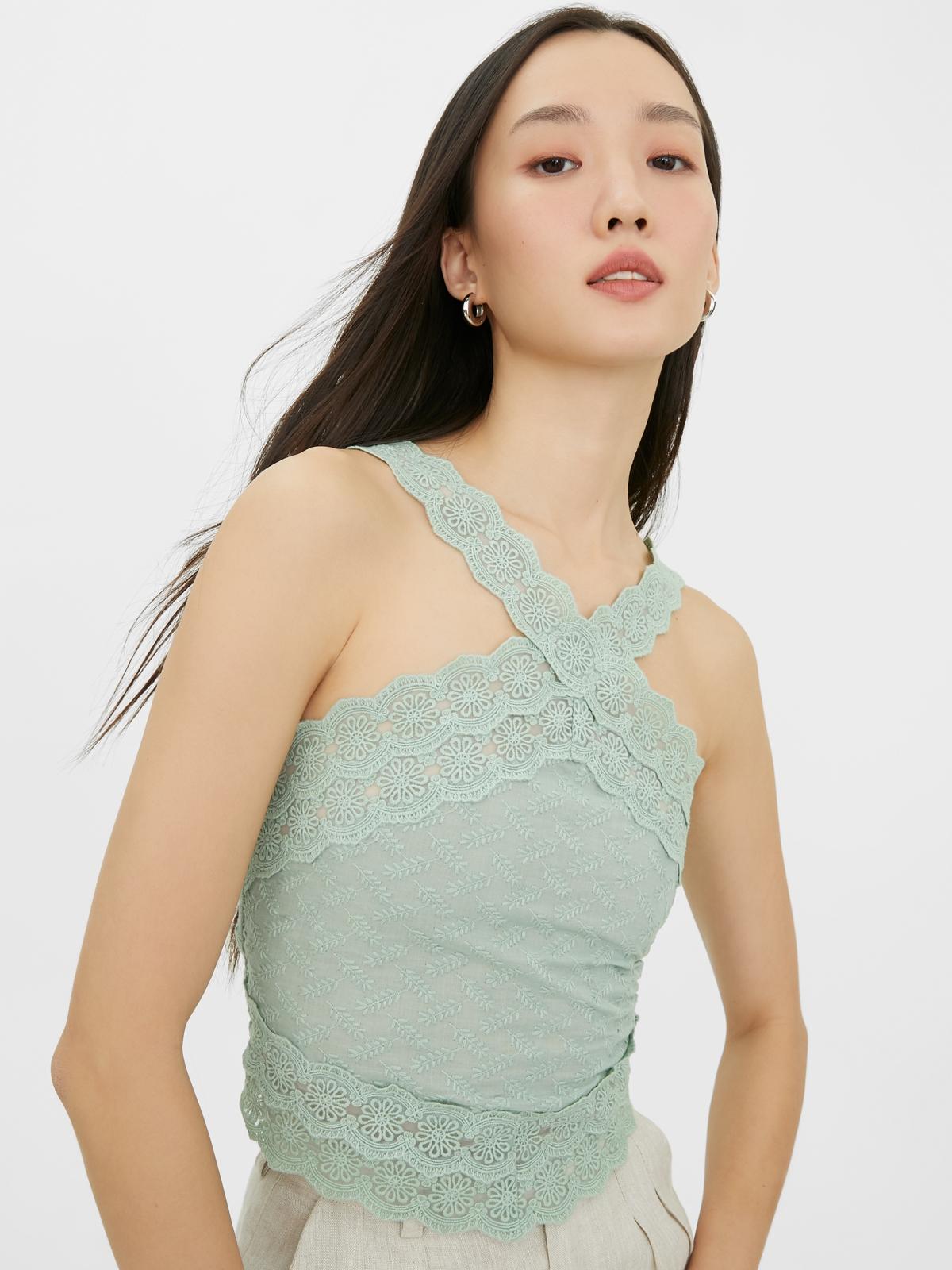 Halter Neck Lace Crop Top - Green