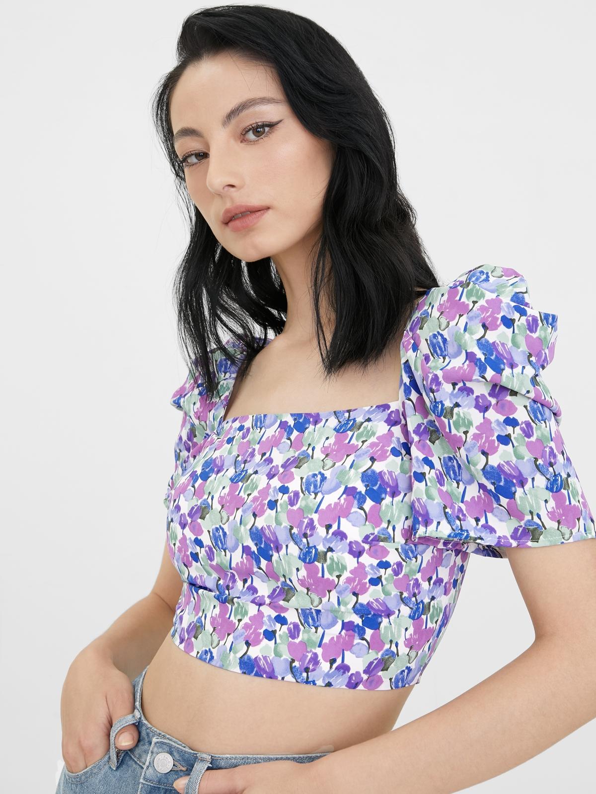 Floral Puffed Sleeves Crop Top - Purple