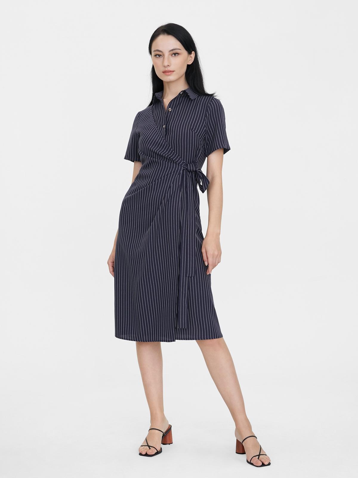 Pinstripe Wrap Shirt Dress - Navy