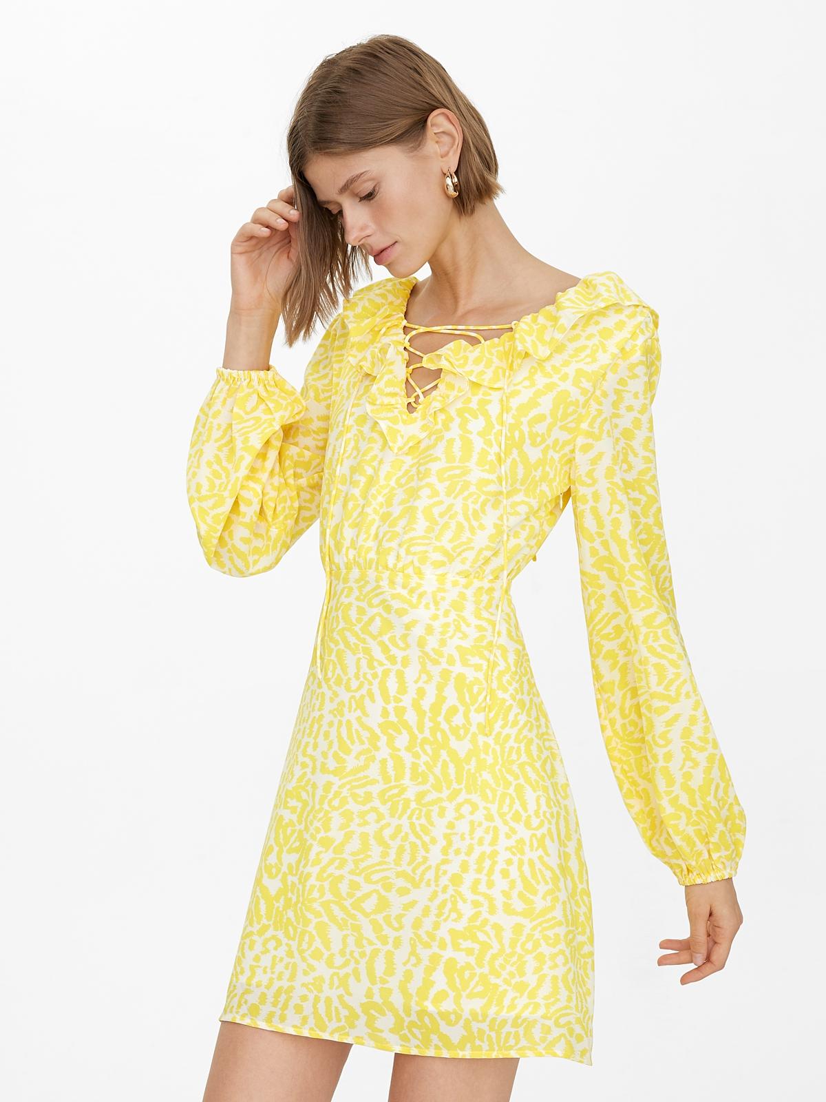 Lace Up Puffed Sleeve Dress -Yellow