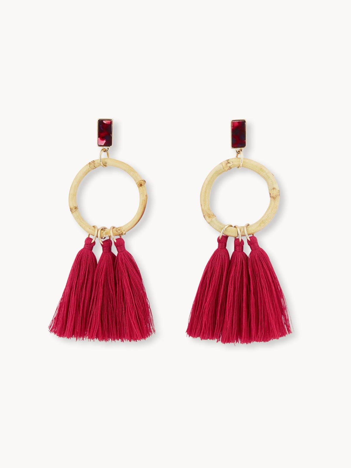 Wooden Hoop Tassel Earrings - Red