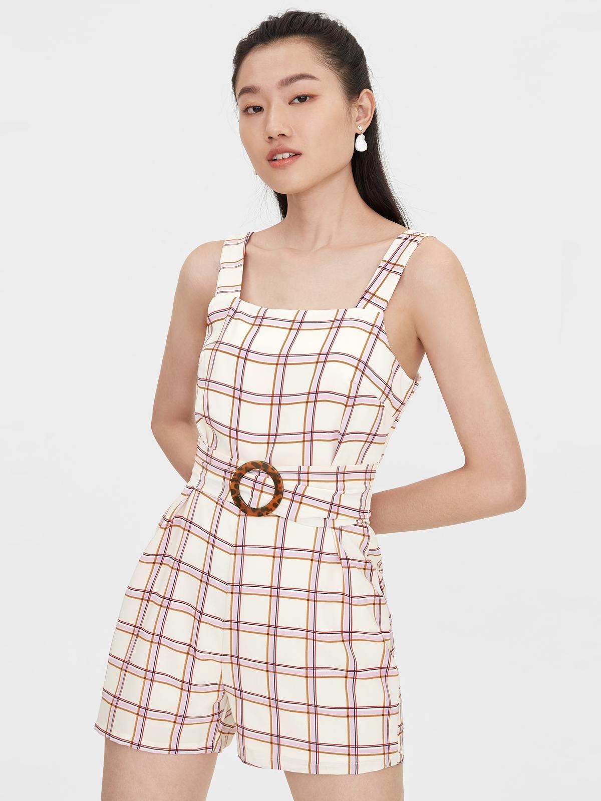 Plaid Tortoise Belt Romper - Pink