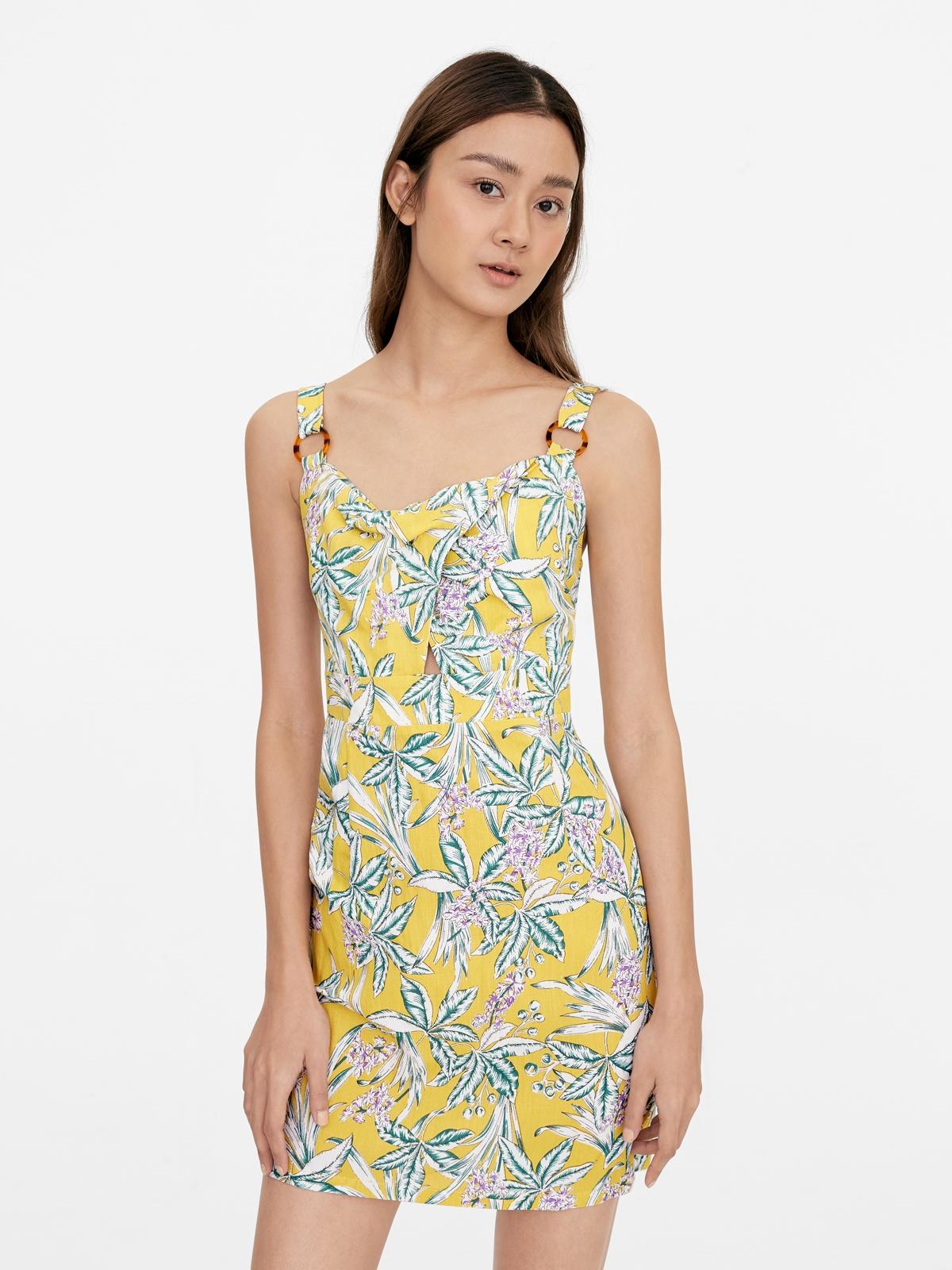 Front Knot Cut Out Floral Dress - Yellow
