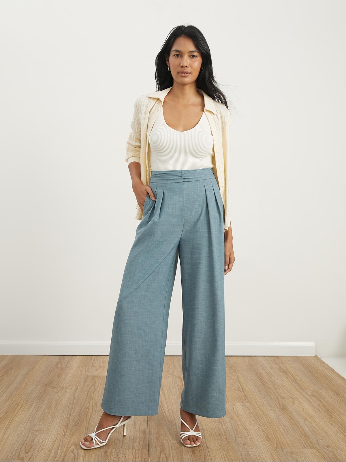 Semi-Pleated Wide Leg Pants - Blue