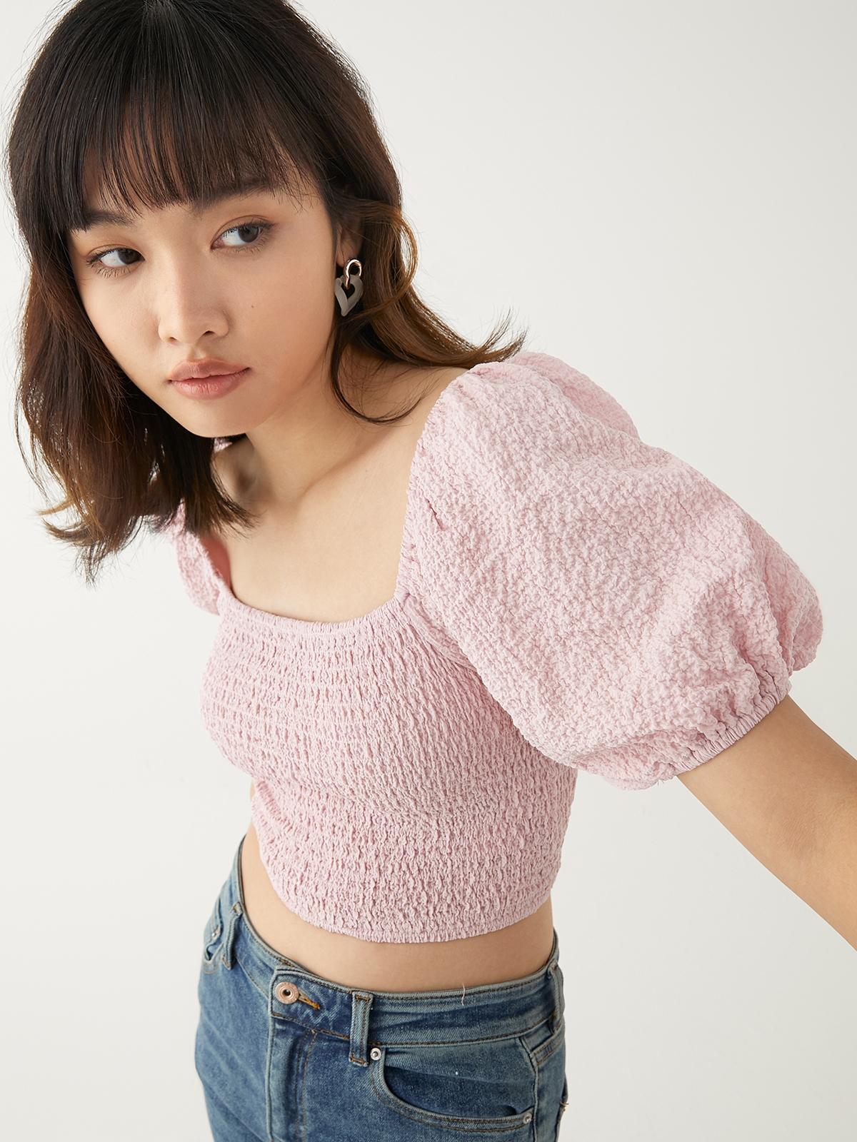 Smocked Puffed Sleeve Top - Pink