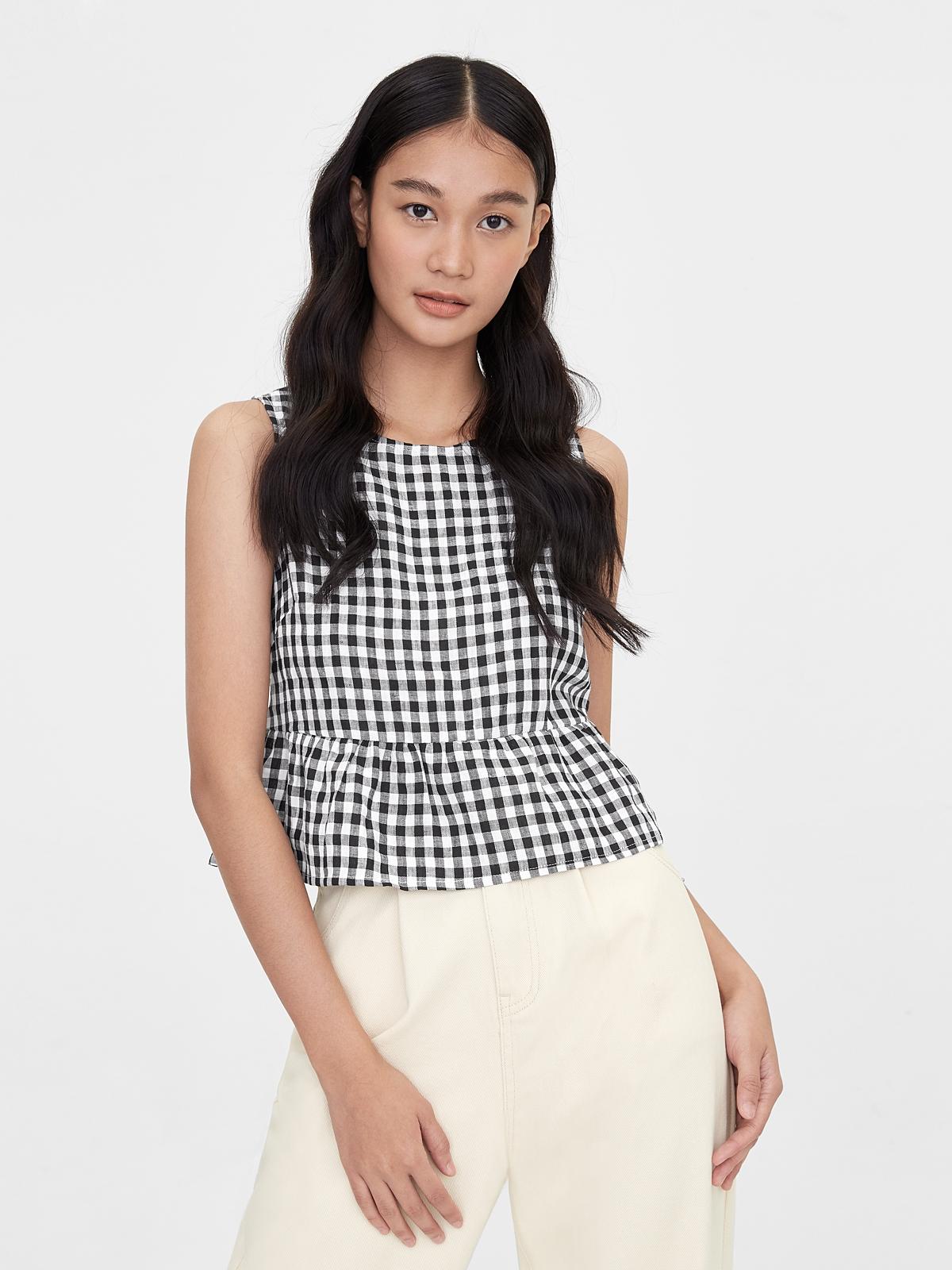 Purpose Gingham Peplum Top - Black
