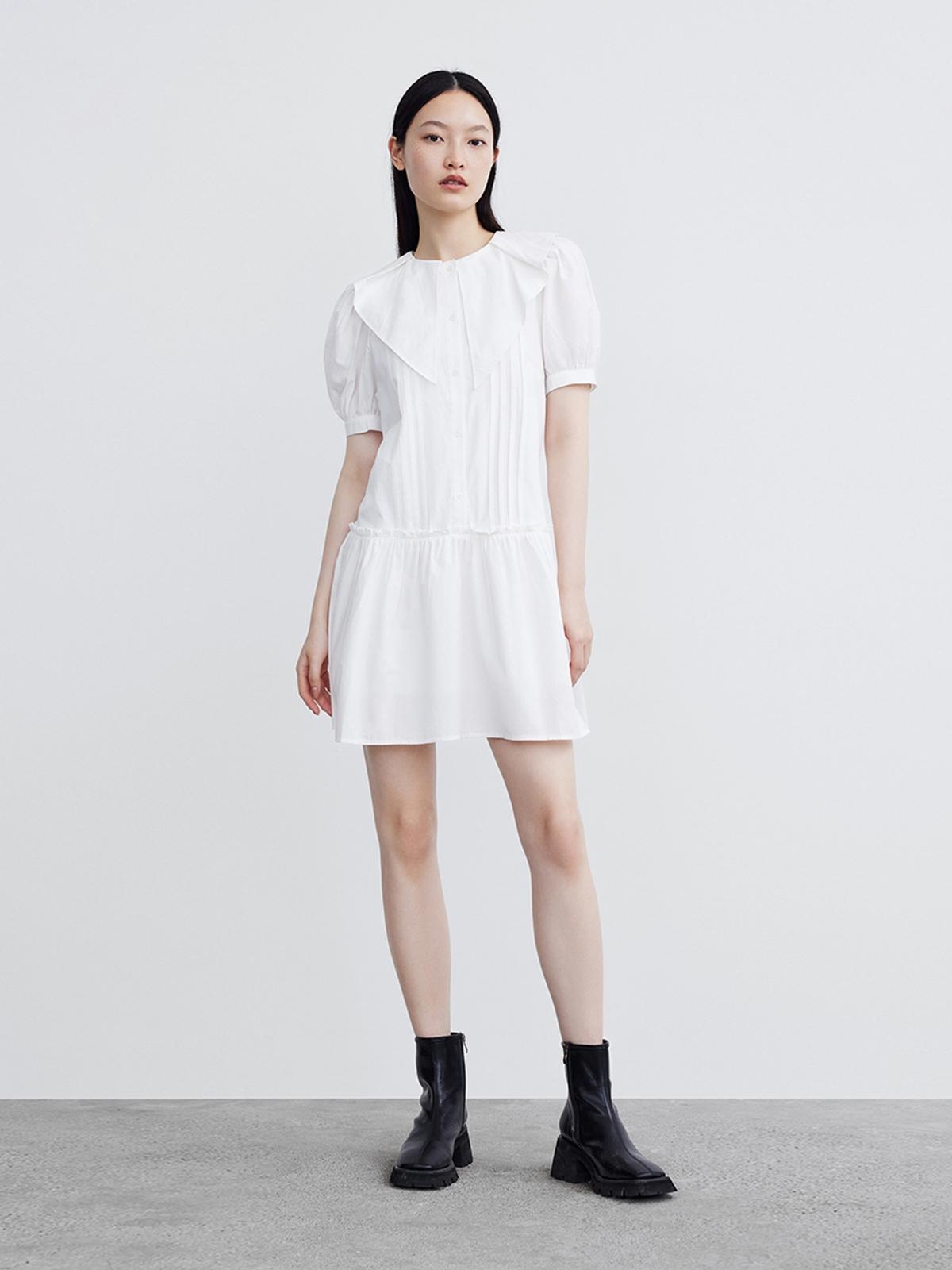 Statement Collar Puffed Sleeve Dress - White