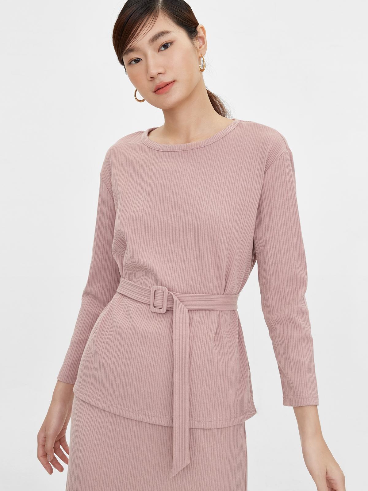 Belted Long Sleeves Blouse - Pink