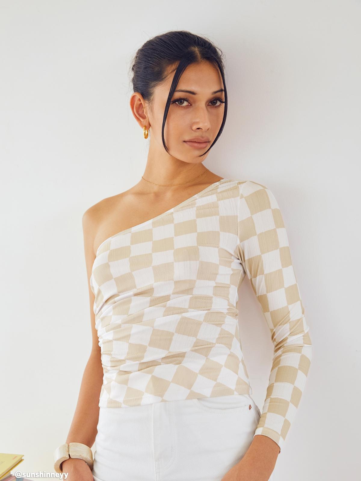 Checkered One Shoulder Long Sleeve Top - Beige
