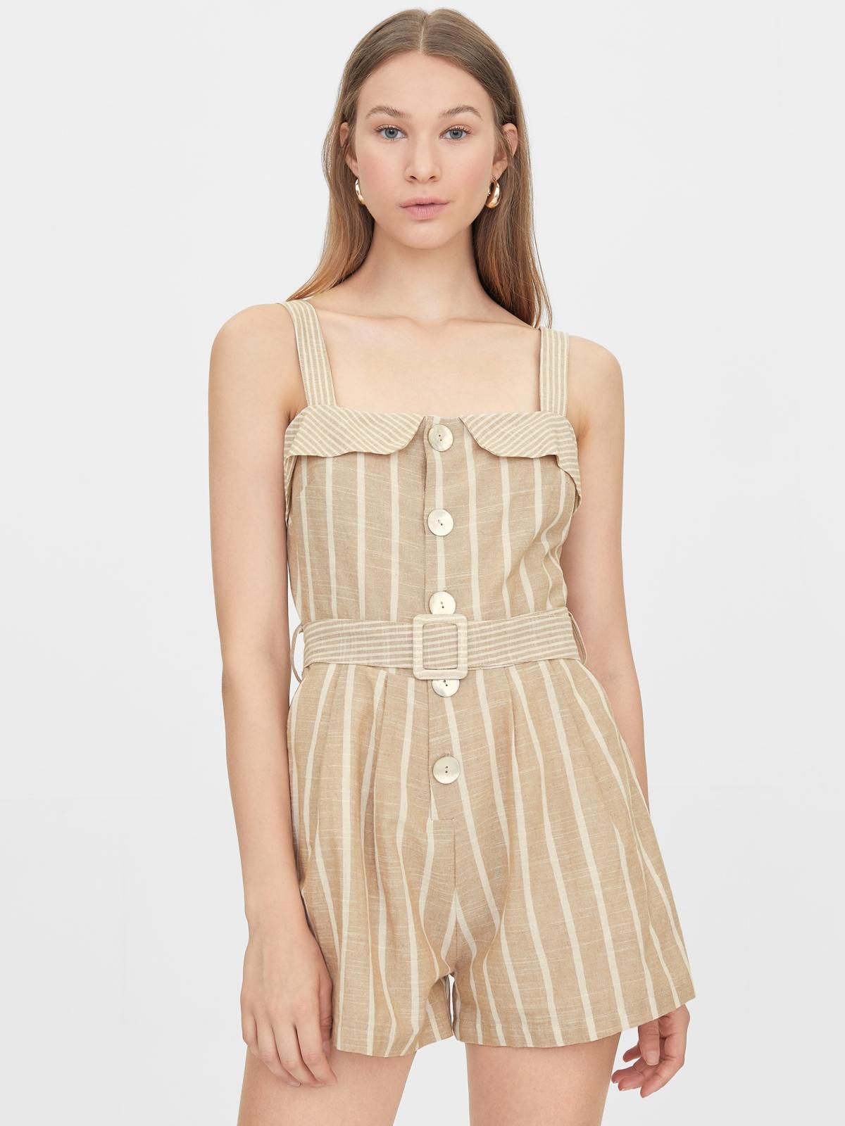 Belted Button Up Sleeveless Romper - Beige