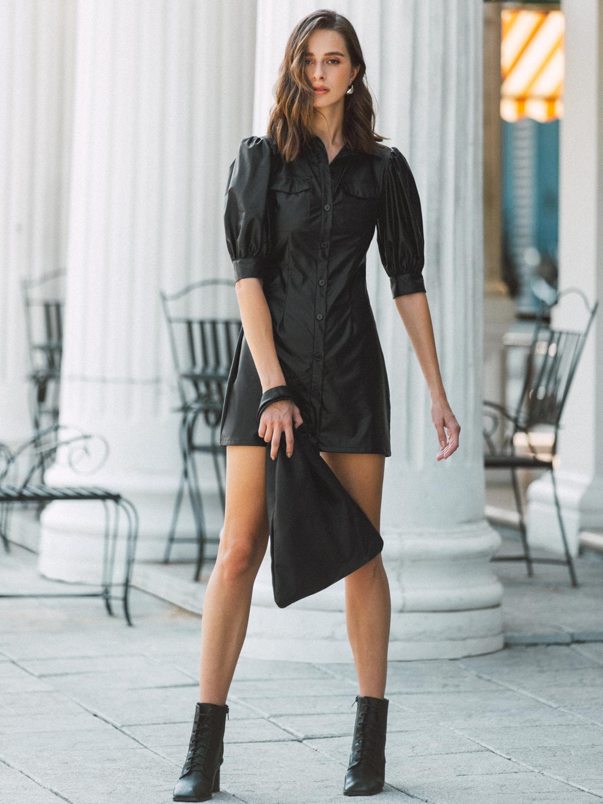 Faux Leather Puff Sleeve Dress - Black