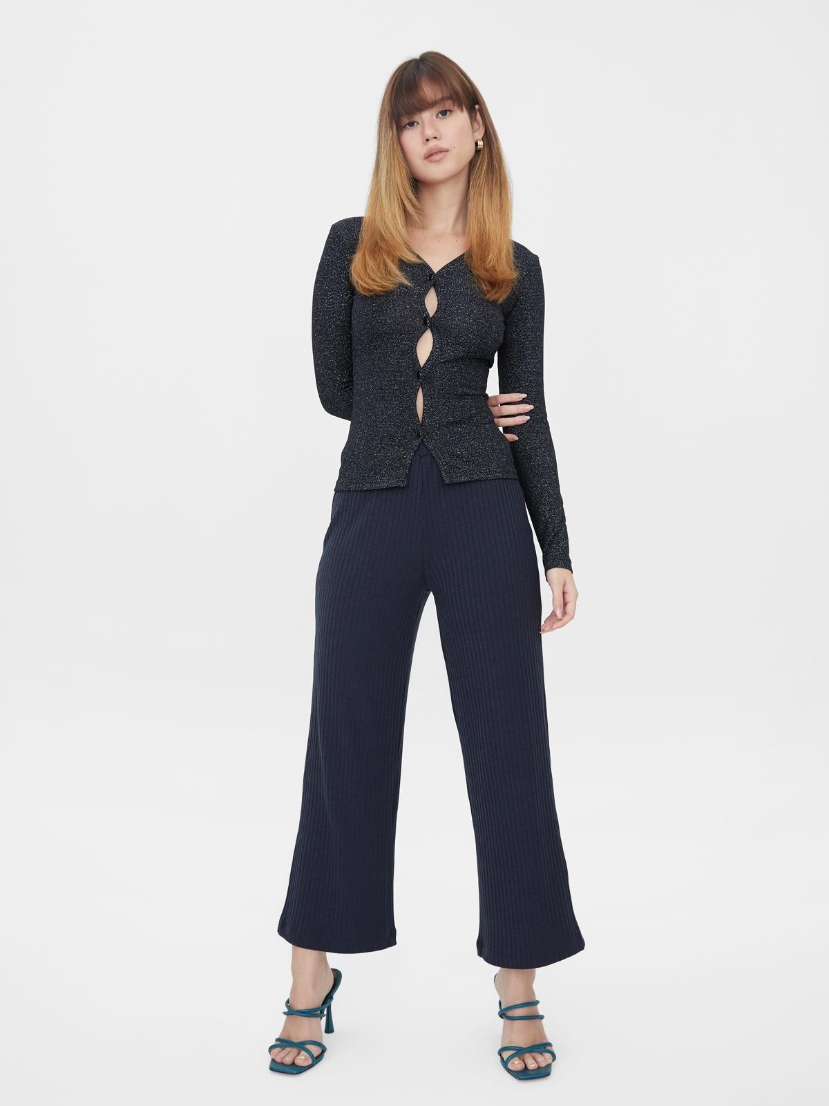 High-Waisted Rib Knit Regular Pants - Navy