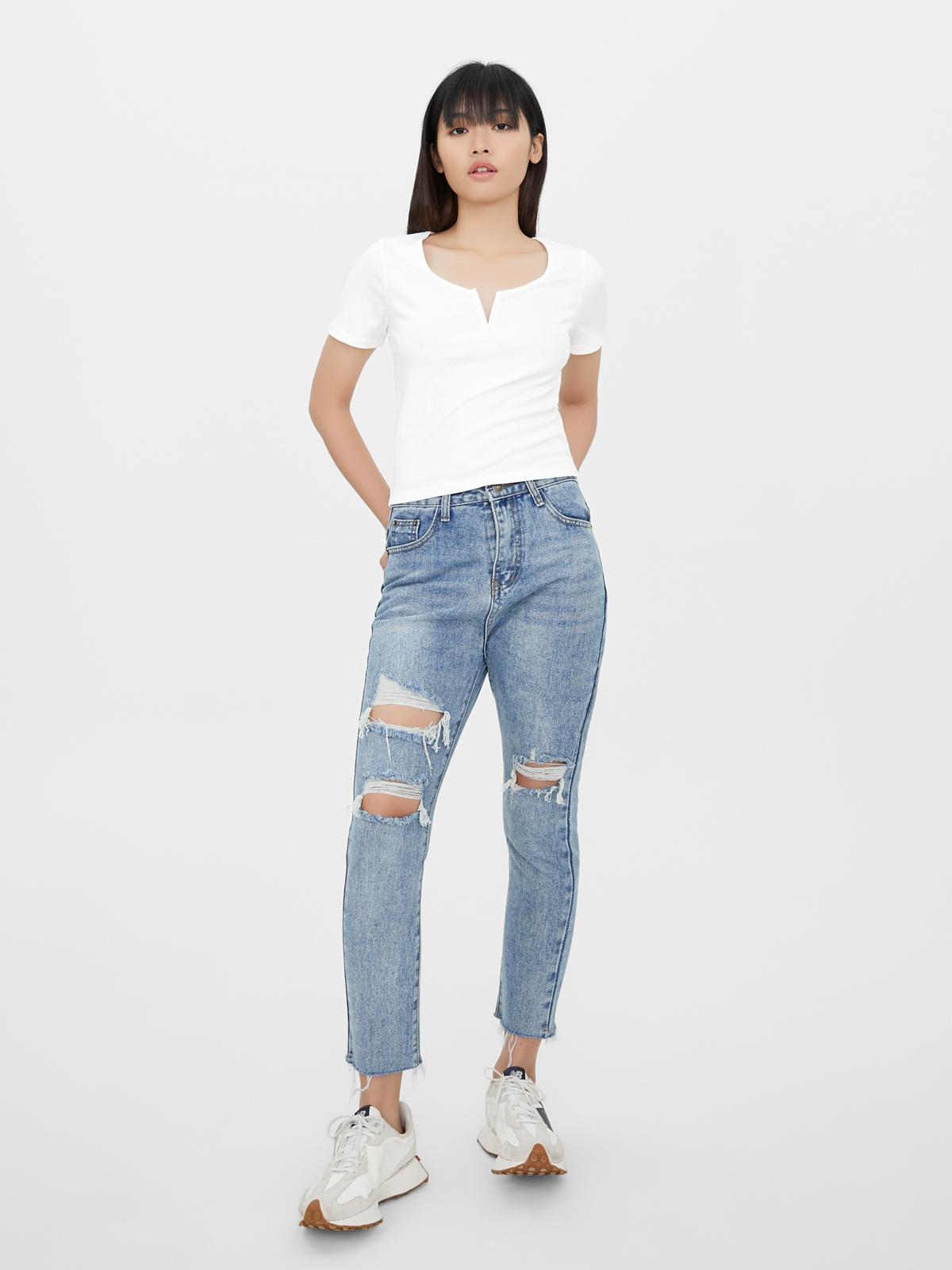 Ribbed V Neck Top - White