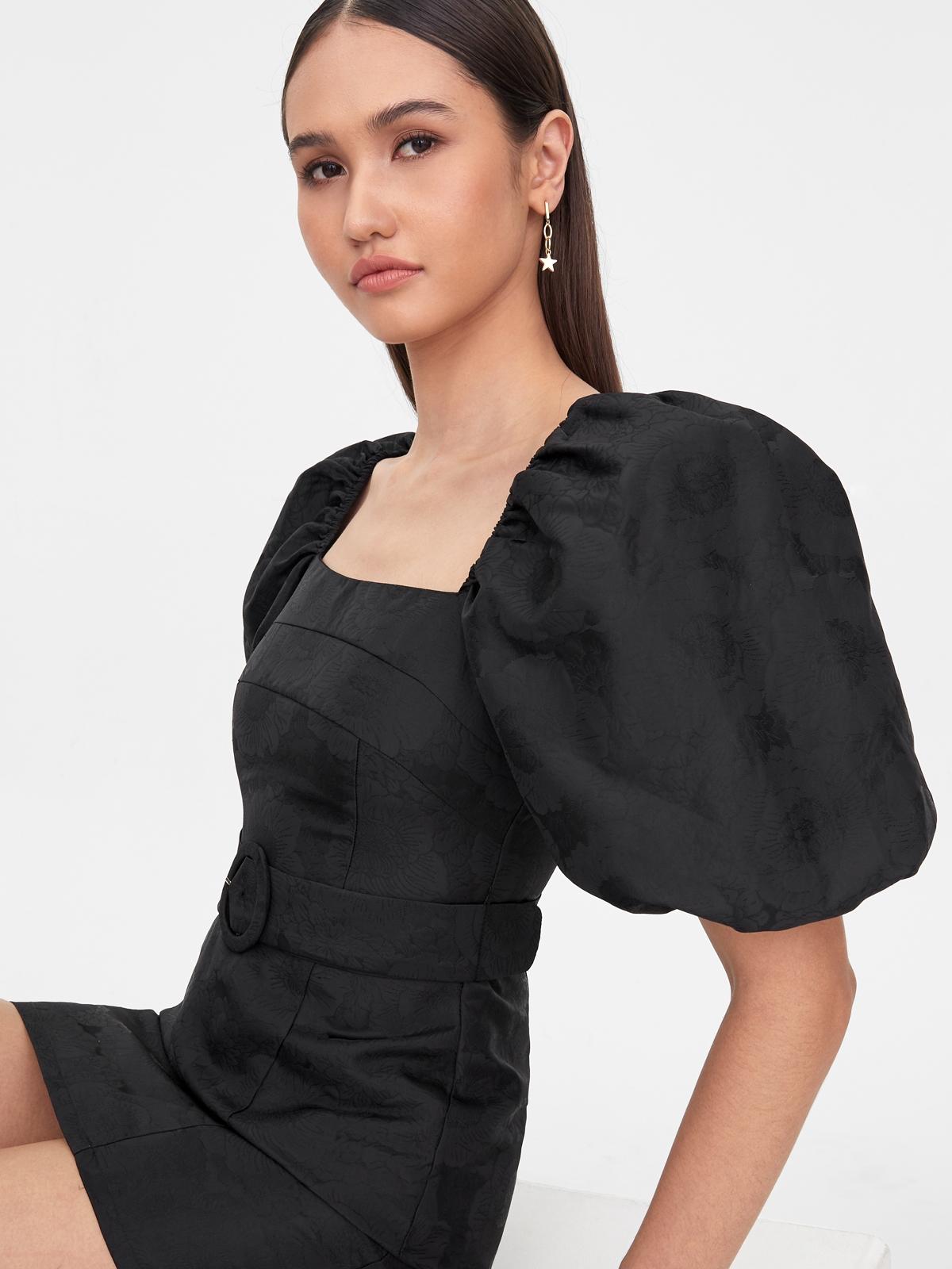 Belted Square Neck Dress - Black