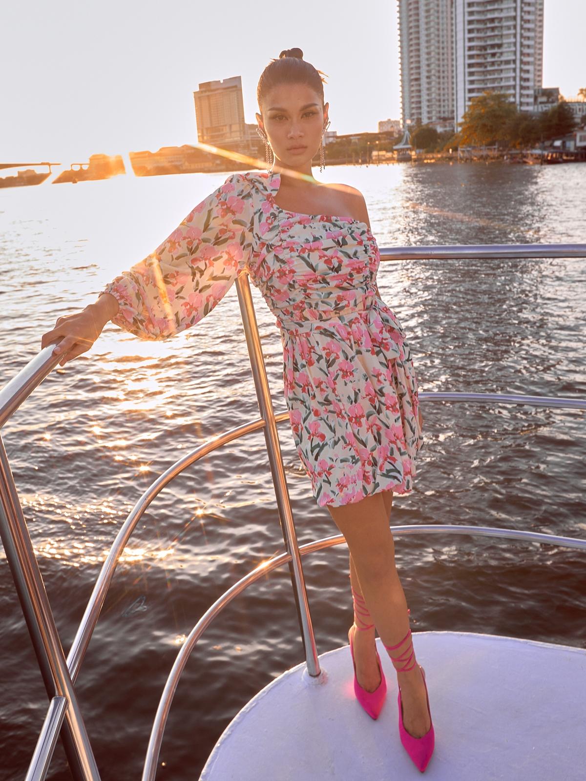 One Shoulder Printed Mini Dress - Pink