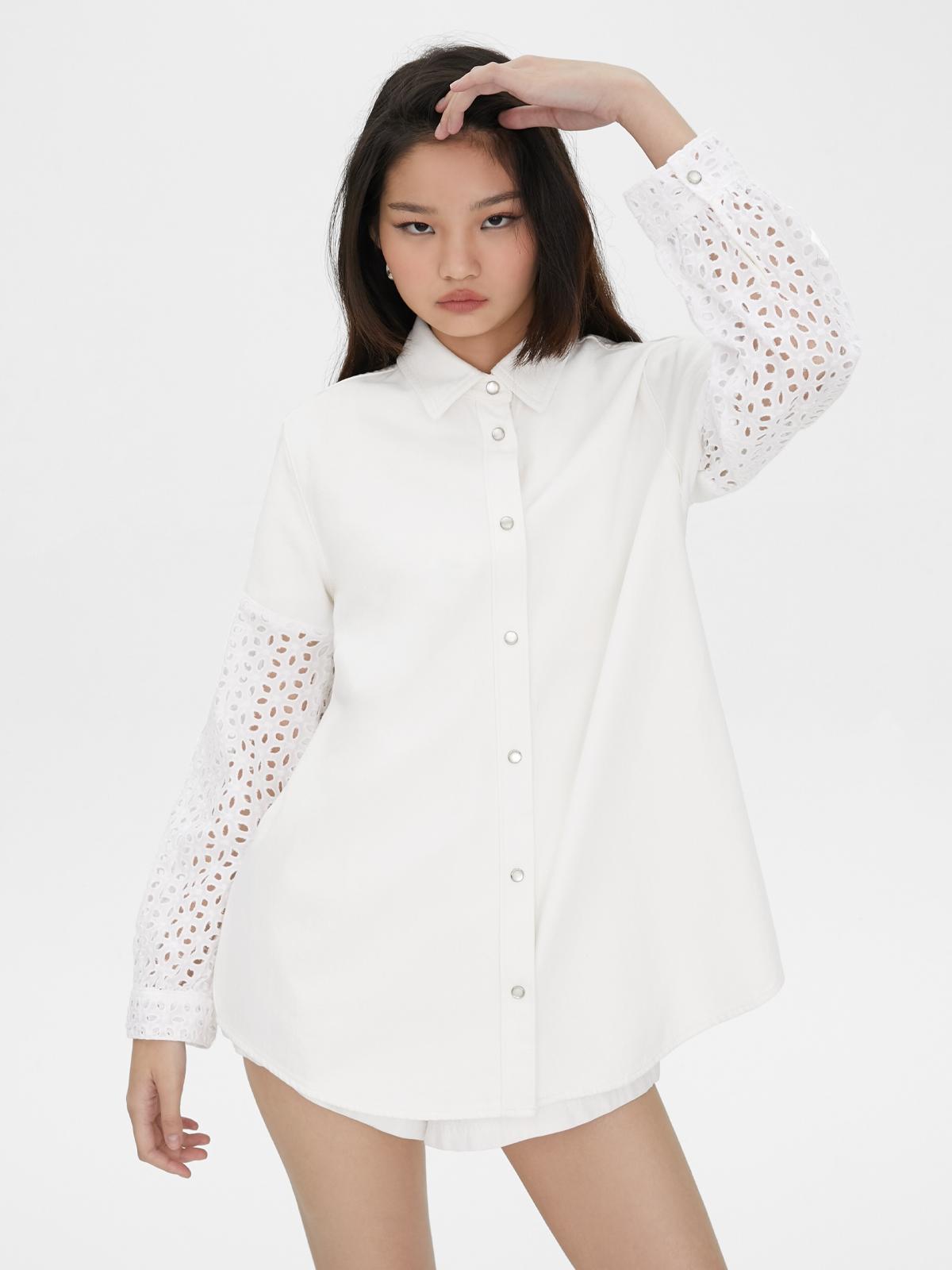 Sustainable Eyelet Oversized Denim Shirt - White