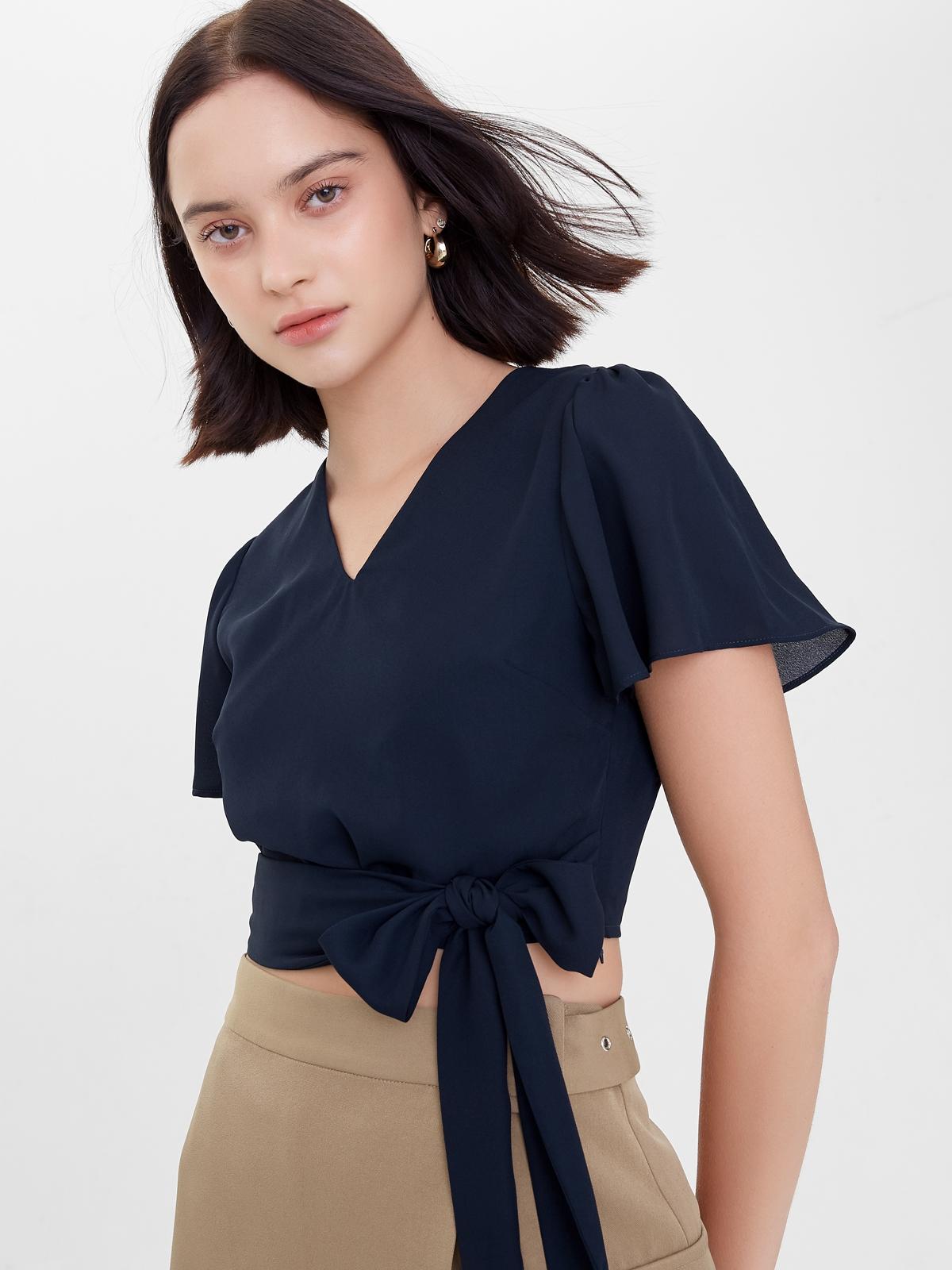 Flounce Sleeve Tie Waist Crop Top - Navy