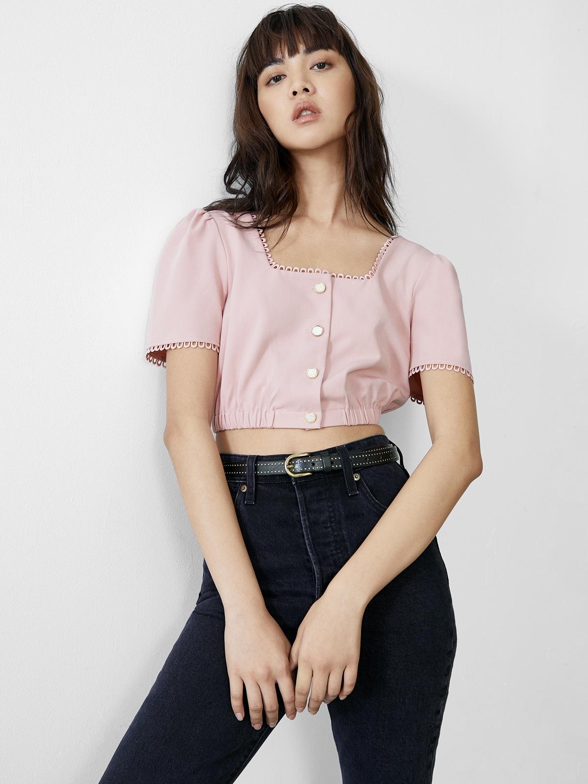 Embroidered Accent Crop Top - Pink