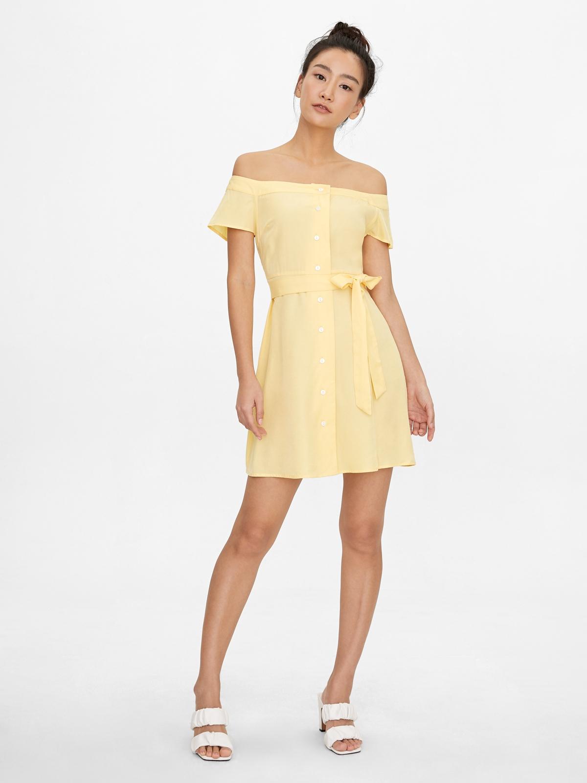 Off Shoulder Tie Waist Dress - Yellow