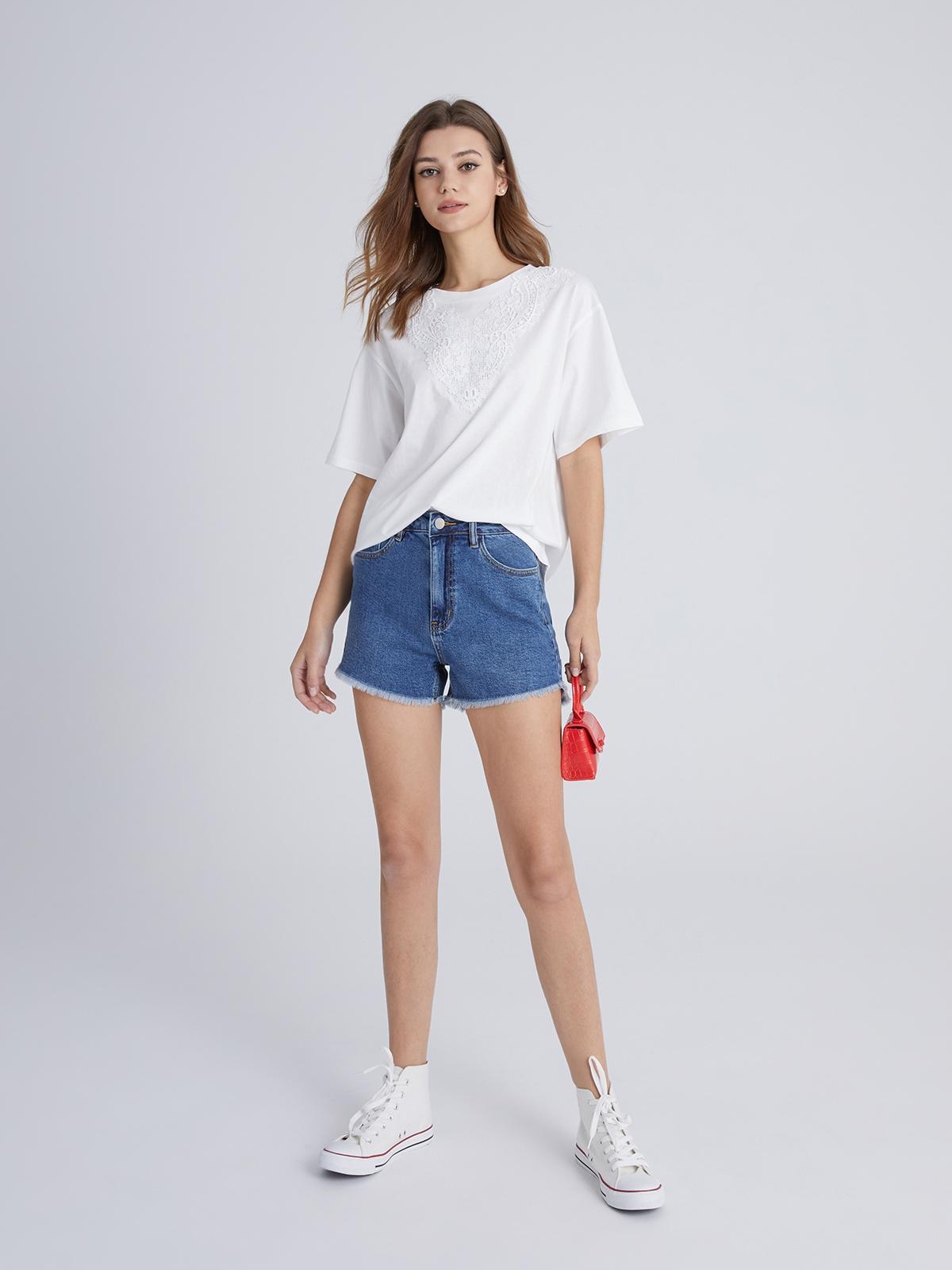 Guipure Lace Detail Oversized Tee - White