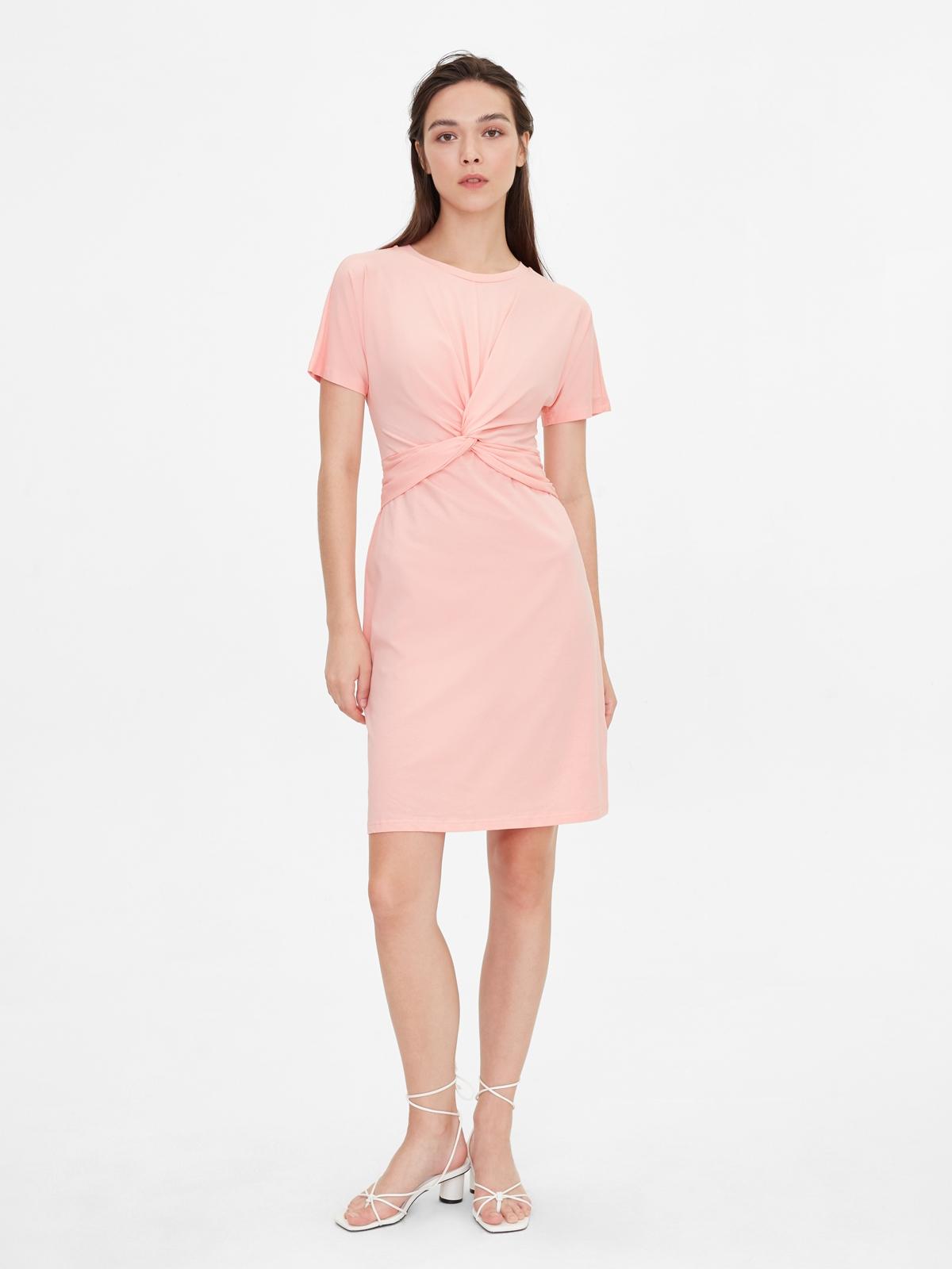 Front Knot Crew Neck Dress - Peach