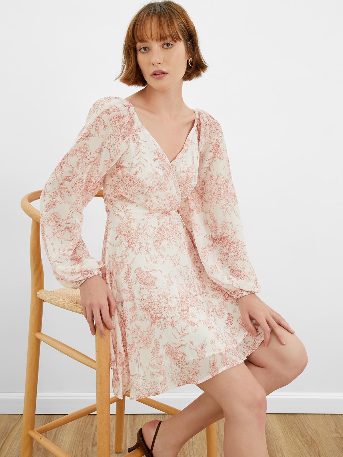 Floral V Neckline Puff Sleeve Mini Dress - Pink
