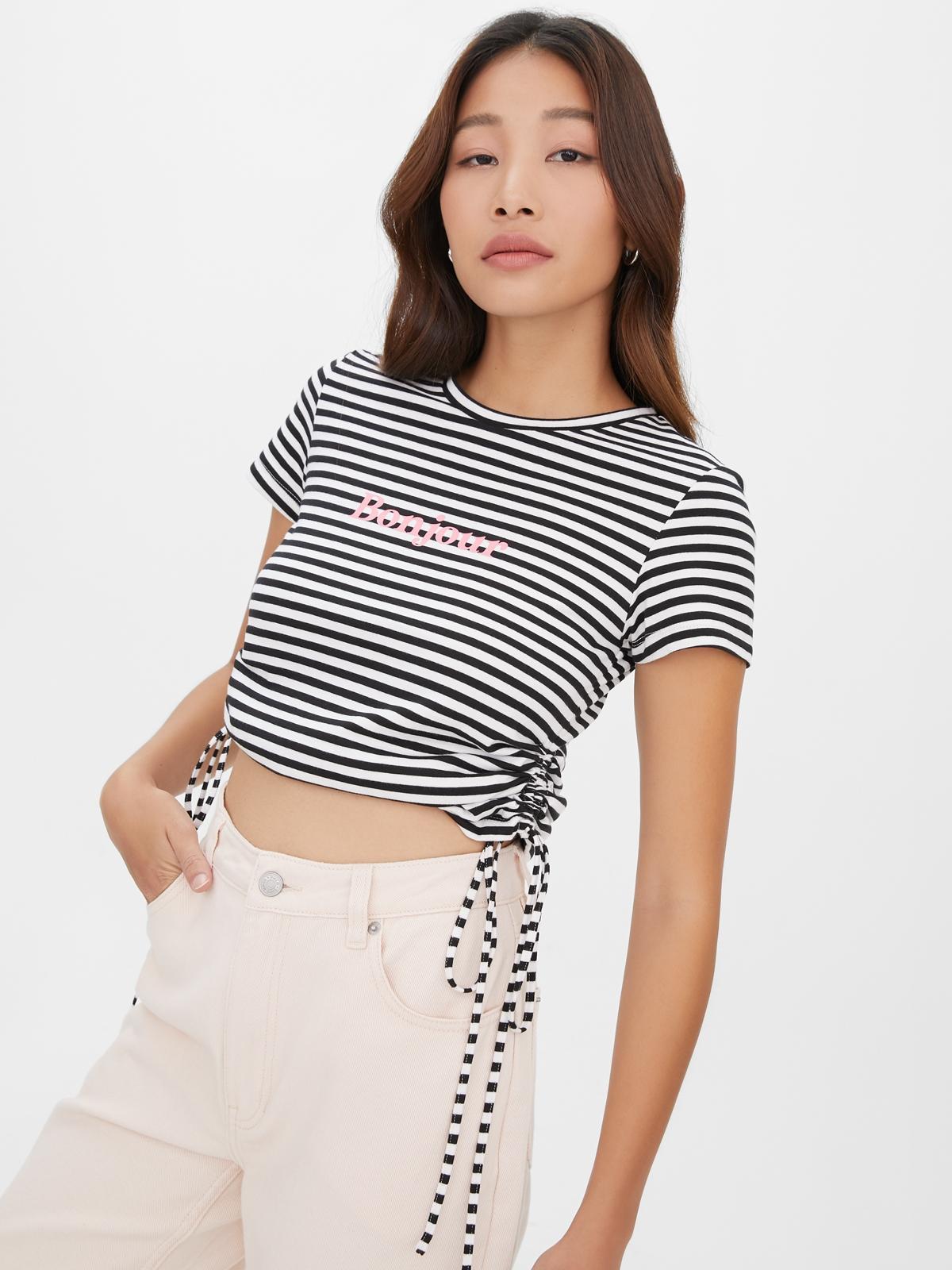 Ruched Stripes Graphic Tee - Black/White