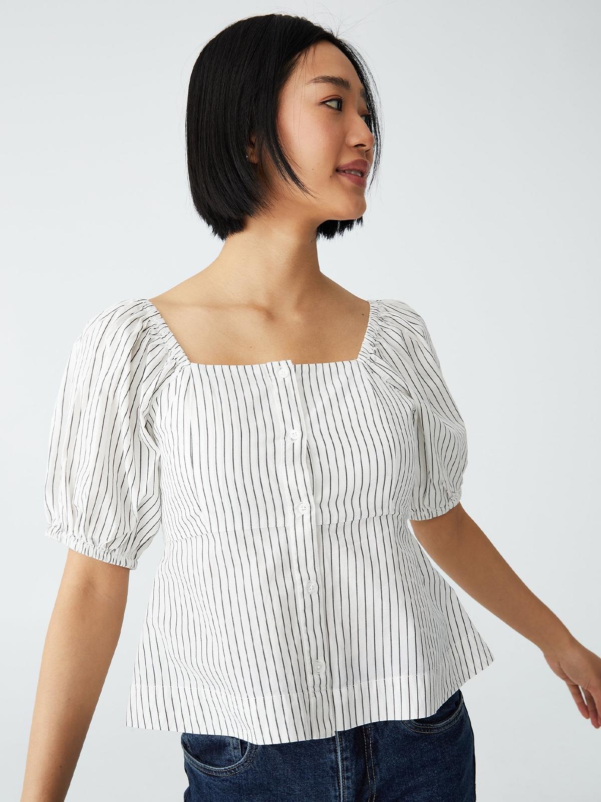 Petite Button Up Blouse Talia Pinstripe - Silky White Petite Button Up Blouse Talia Pinstripe - Silky White