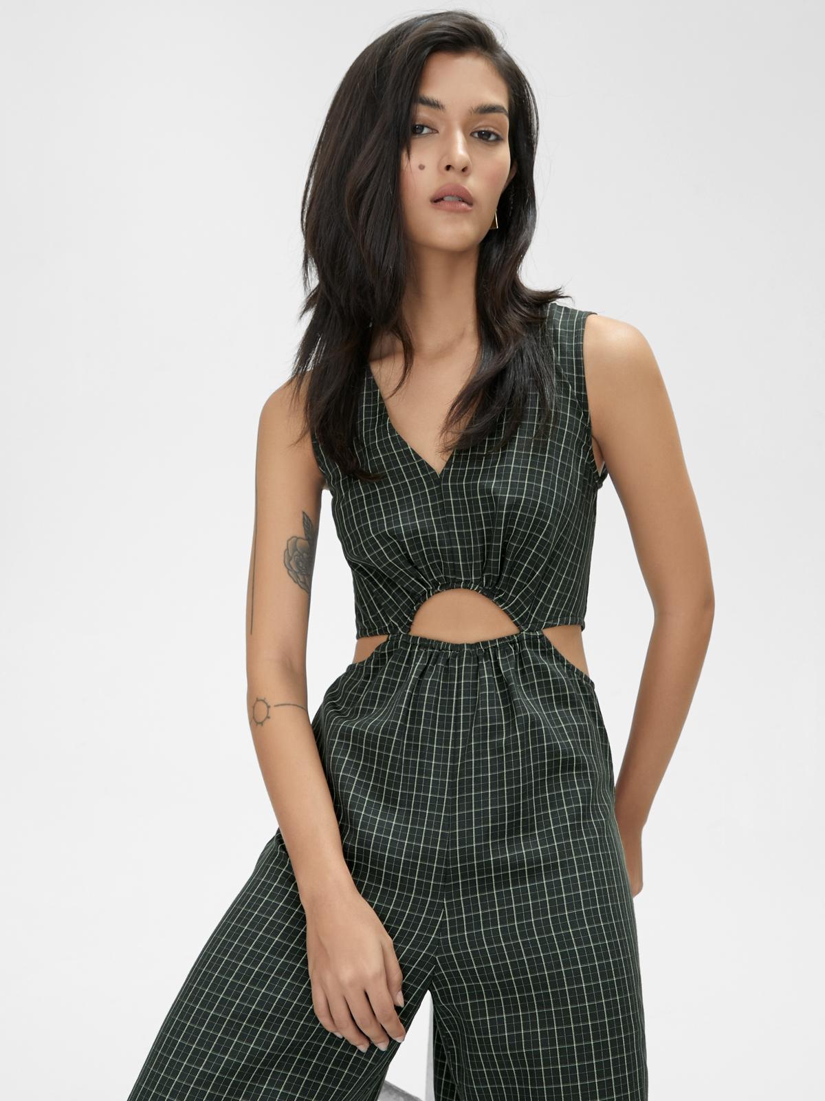 Cut Out Plaid Print Jumpsuit - Black