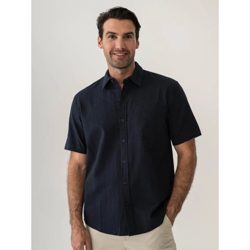 Mens Short Sleeve Seer Sucker Shirt Navy