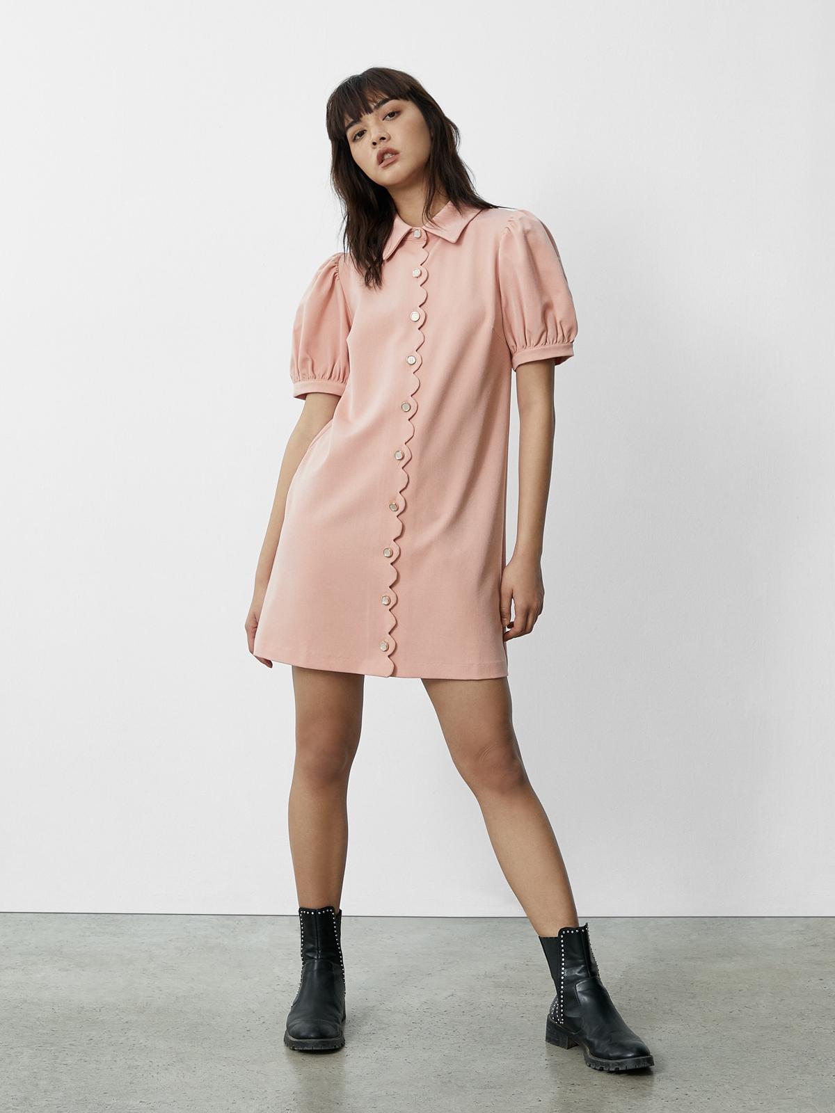 Puffed Sleeves Button Up Dress - Pink