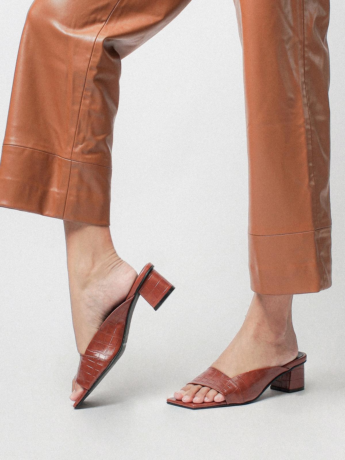 Bloom Croco Block Heels - Coffee