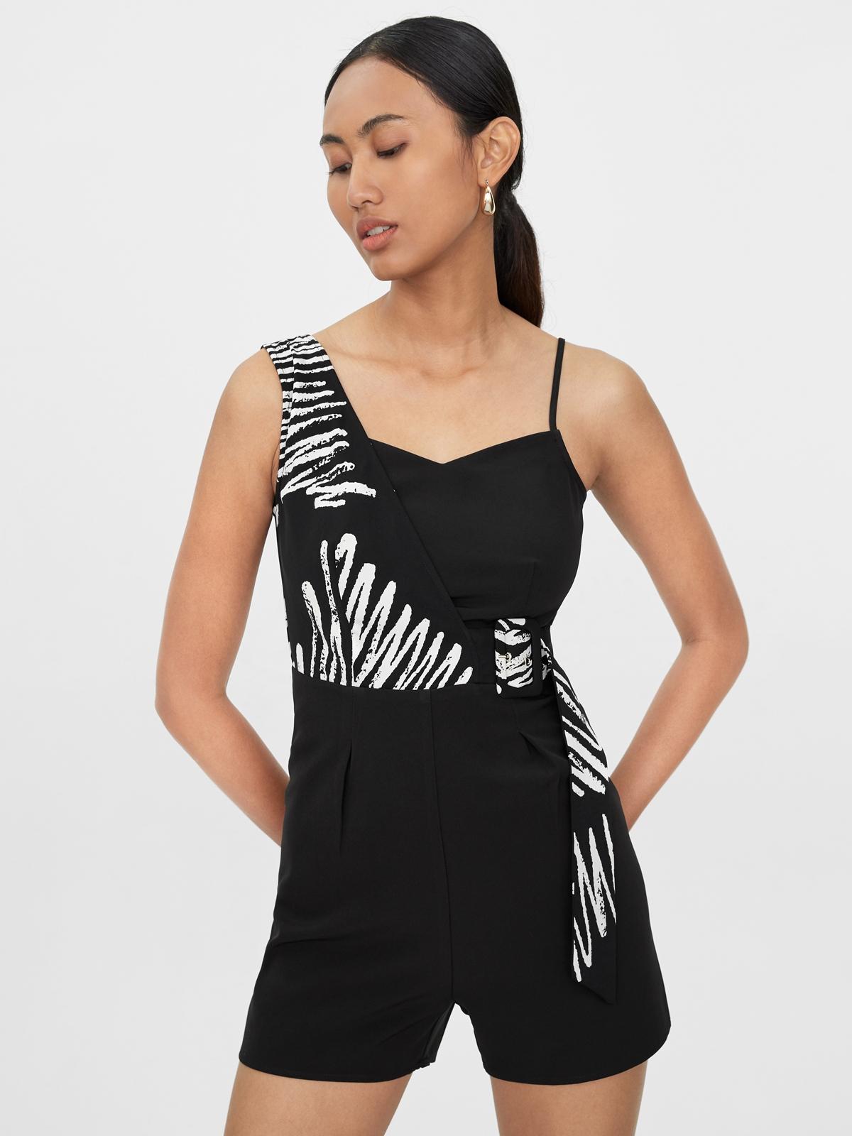Scribble Print Belted Romper - Black