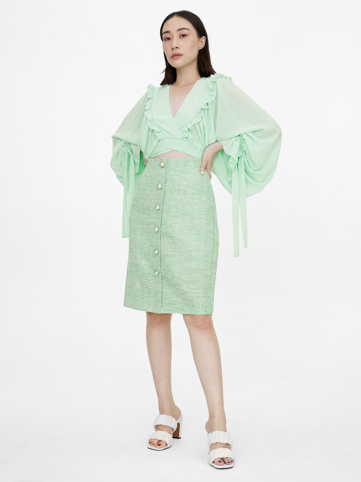 Midi Tweed Pearl Button Up Skirt - Green