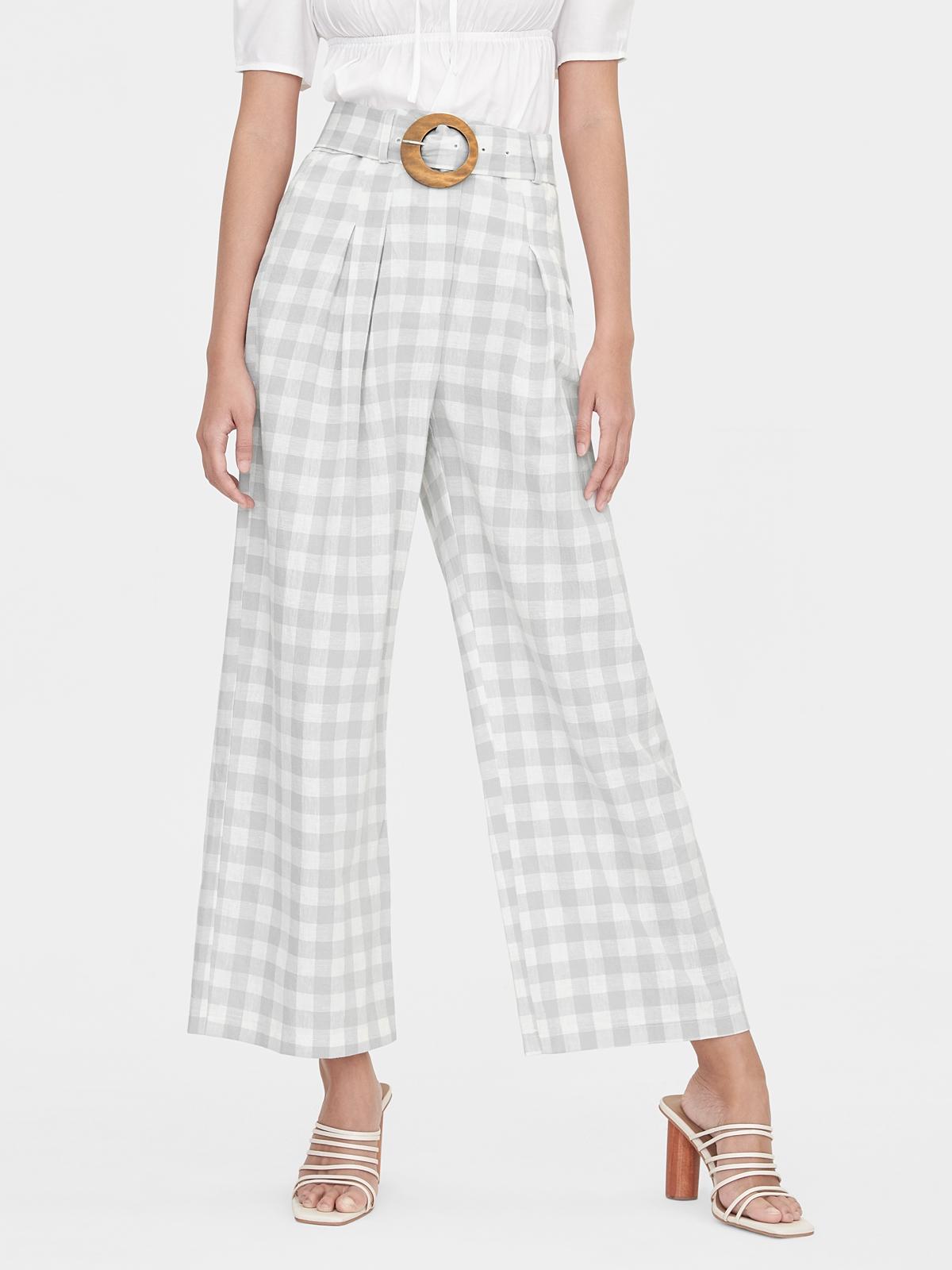 Purpose Gingham Belted Pants - Light Grey