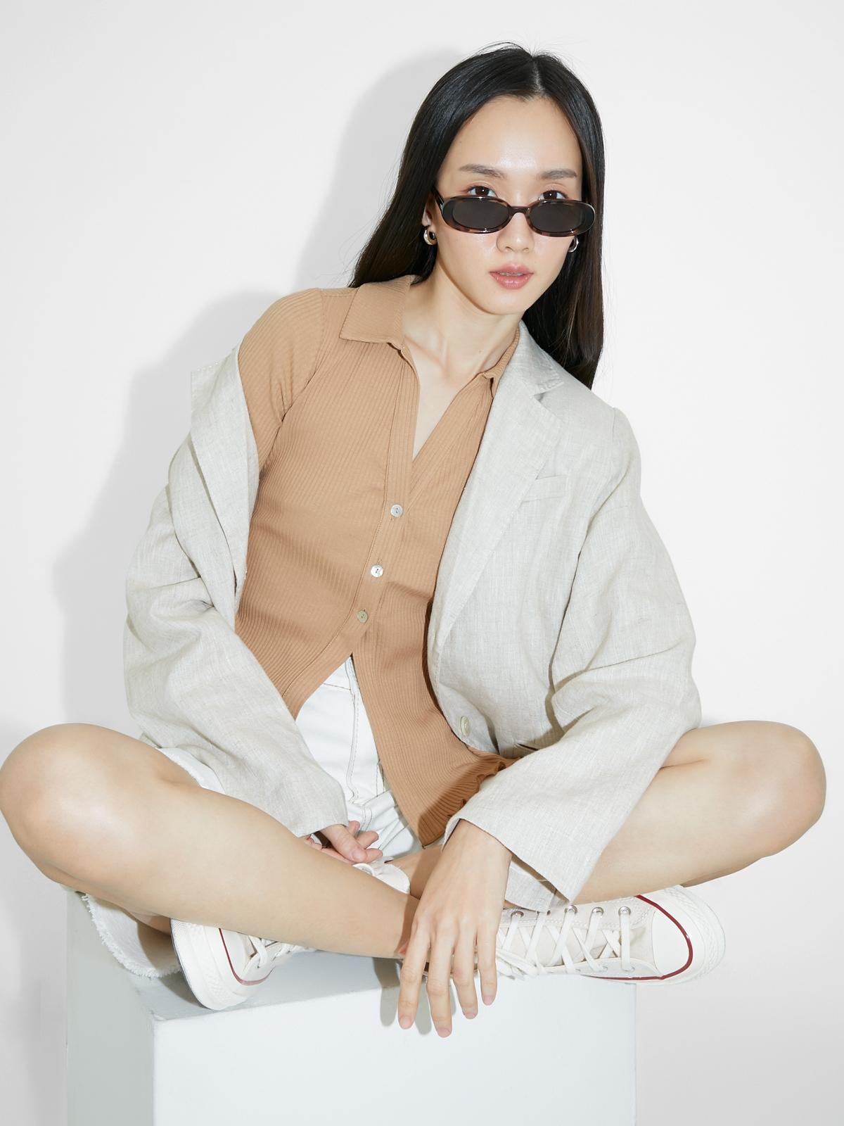 RIbbed Short Sleeve Cardigan - Beige