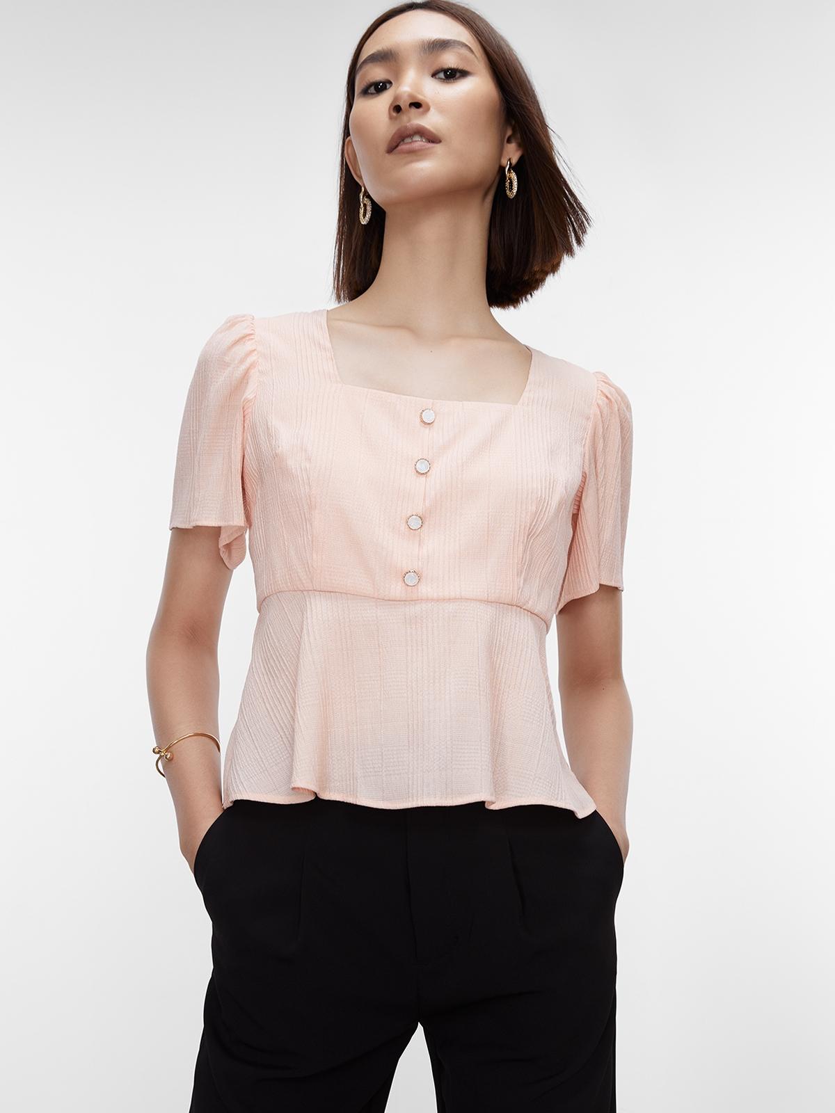 Square Neckline Front Button Blouse - Pink