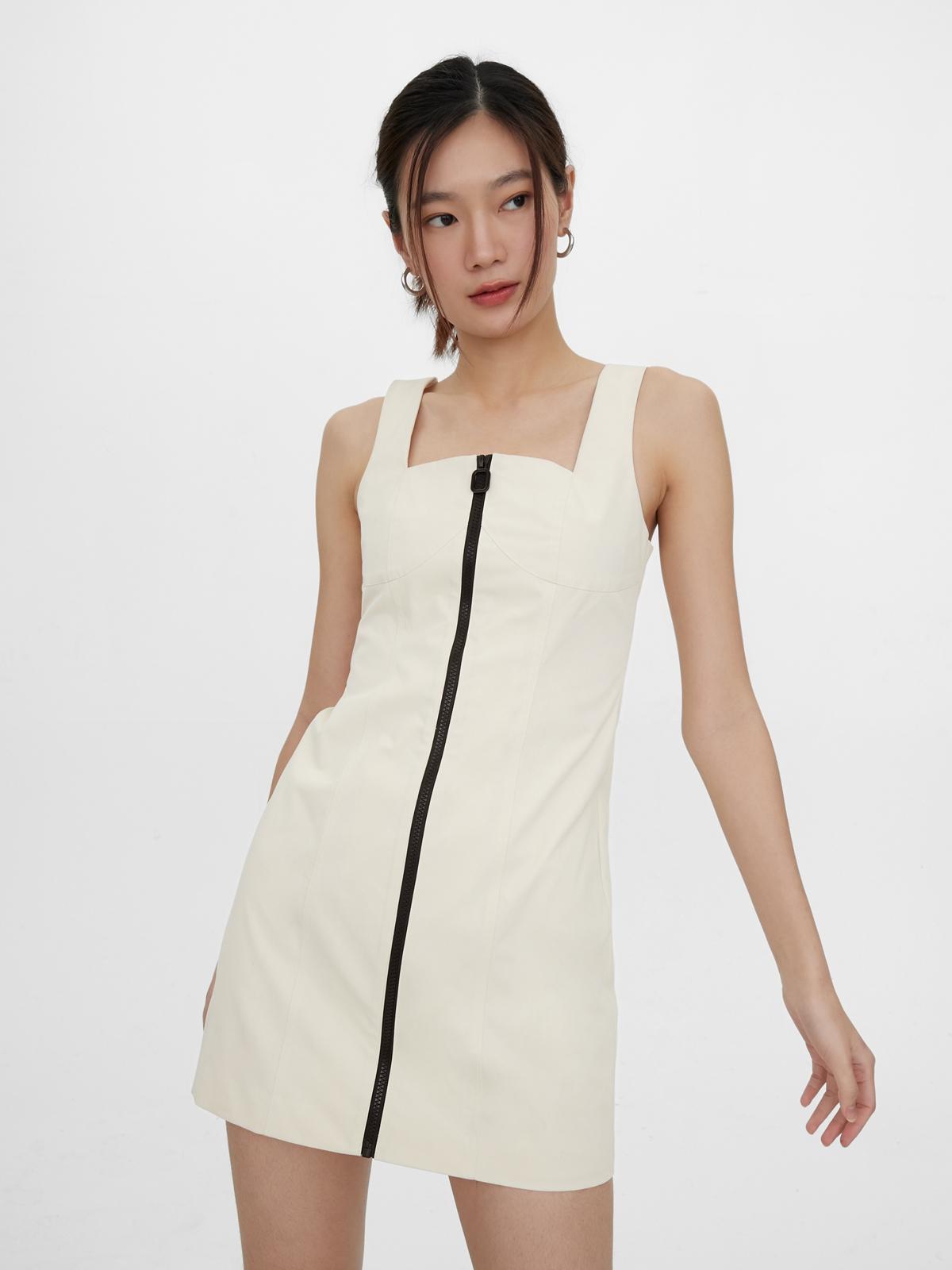 Square Neck Front Zip Dress - Cream